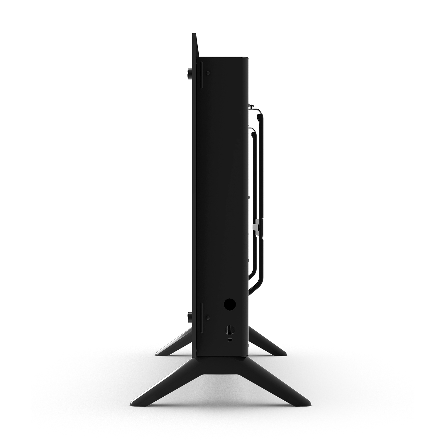TV nera vista laterale. Presenta un supporto, porte e una cornice nera.