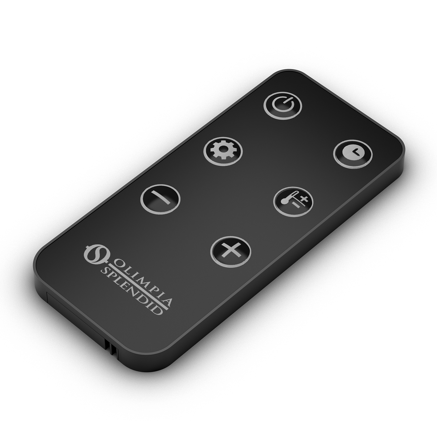 Telecomando nero con più pulsanti. Con icone di accensione, impostazioni e volume.
