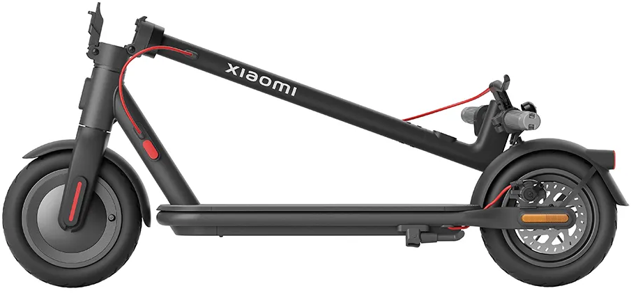 Schwarzer elektrischer Xiaomi-Roller, Seitenansicht. Er ist zusammengeklappt, mit roten Akzenten.