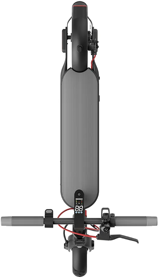 Draufsicht auf einen schwarz-grauen Elektroroller. Der Lenker befindet sich oben und das Deck ist grau.