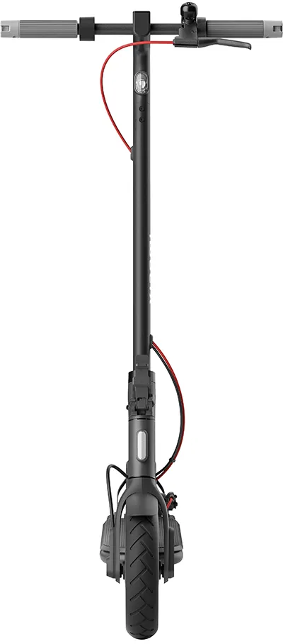 Schwarzer Elektroroller von vorne. Er hat einen Lenker, ein rotes Kabel und einen Reifen.