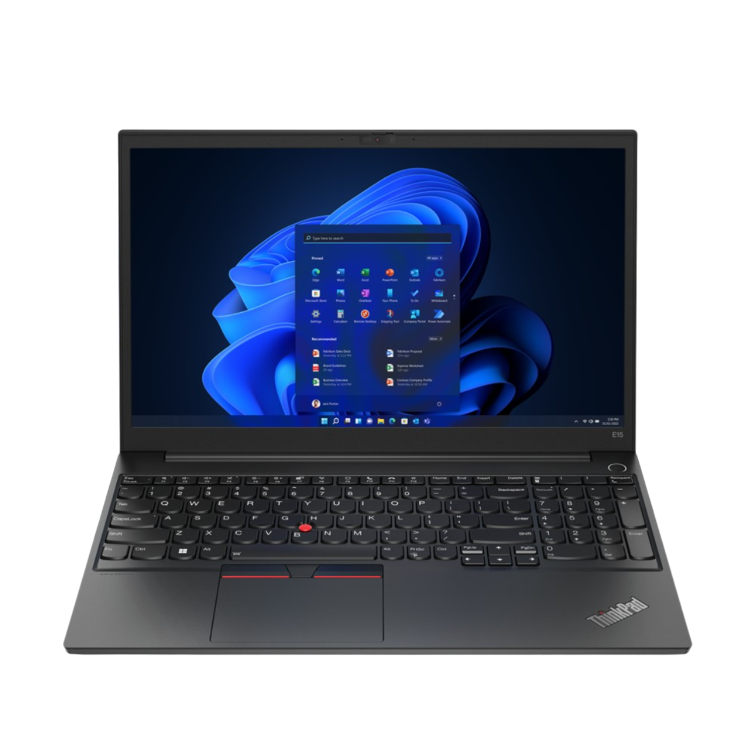 Zwarte Lenovo ThinkPad laptop op een zwart oppervlak, met Windows interface zichtbaar.