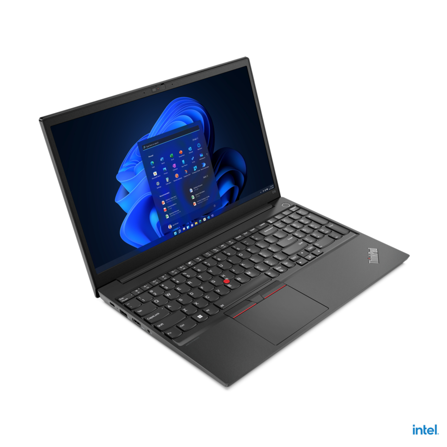 Laptop op wit. Open scherm met zakelijke interface. Toetsenbord, touchpad en ThinkPad logo.
