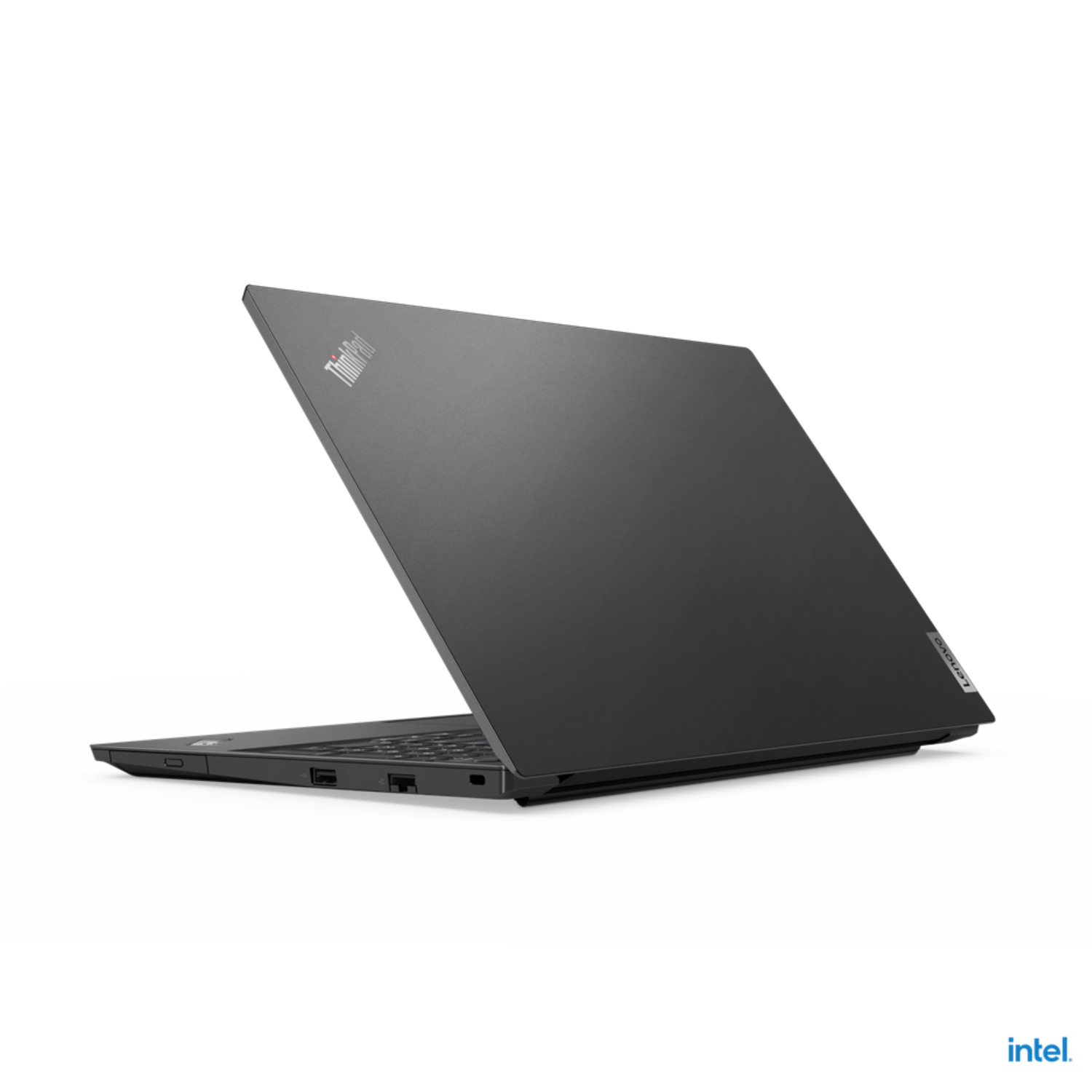 Zwarte Lenovo ThinkPad laptop, onder een hoek geopend, met toetsenbord en deksel.