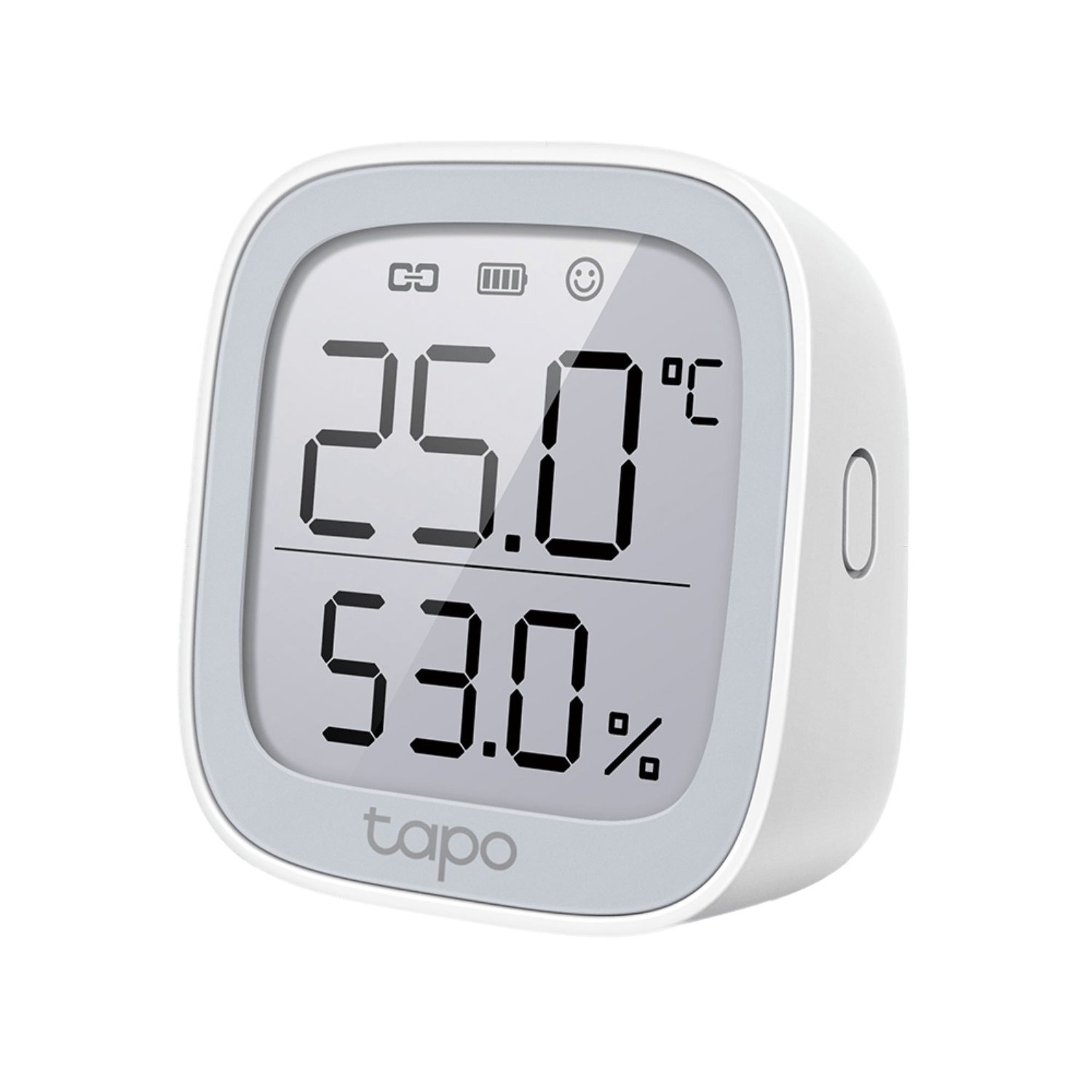 Thermomètre intelligent Tapo blanc. Il affiche la température (25,0°C) et l'humidité (53,0%). Possède une icône smiley.