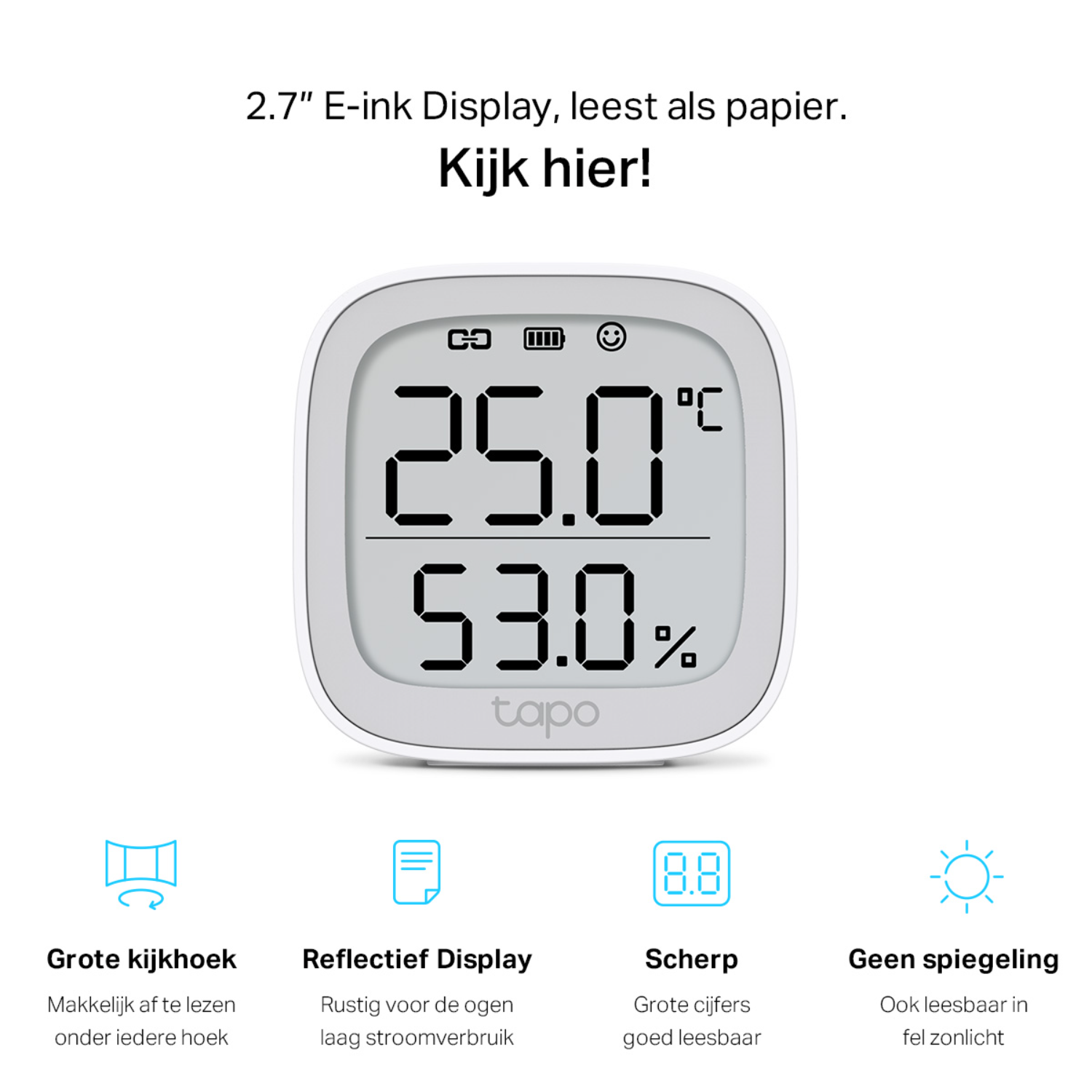 Un écran numérique affiche la température et l'humidité avec des icônes pour une visualisation facile et sans reflets.