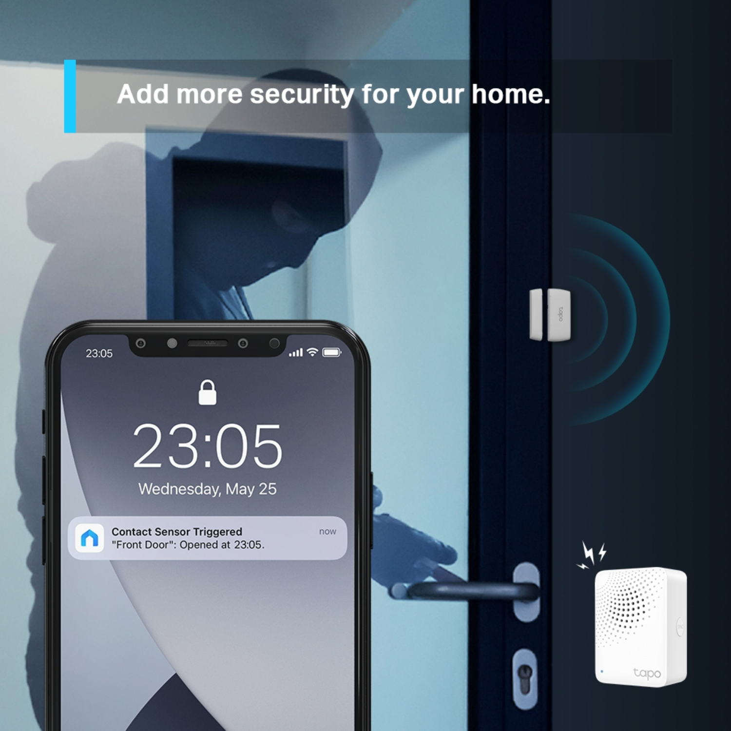 Smartphone met tijd 23:05 en een alarmmelding. Een inbreker en een deursensor.
