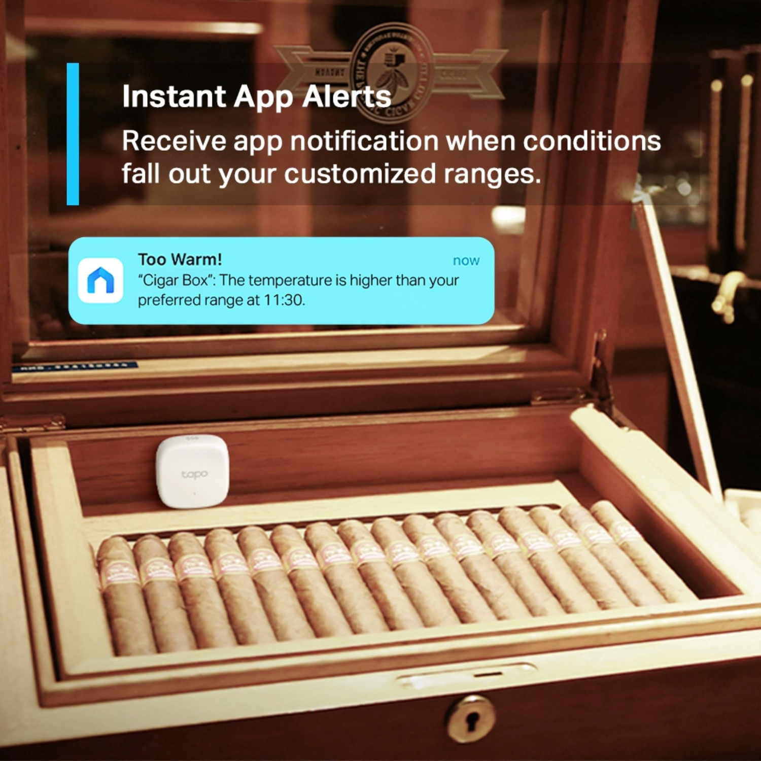 A notification on a humidor alerts that the temperature is too warm.