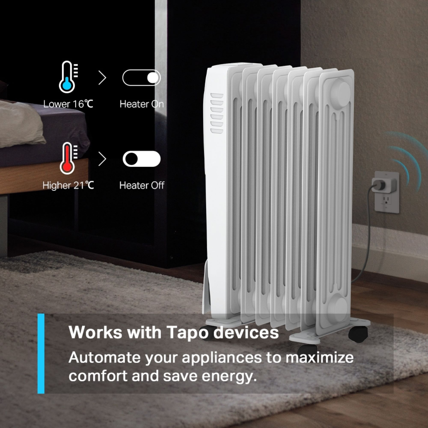 White radiator heater with control panel, on grey carpet, near a wall with temperature icons.