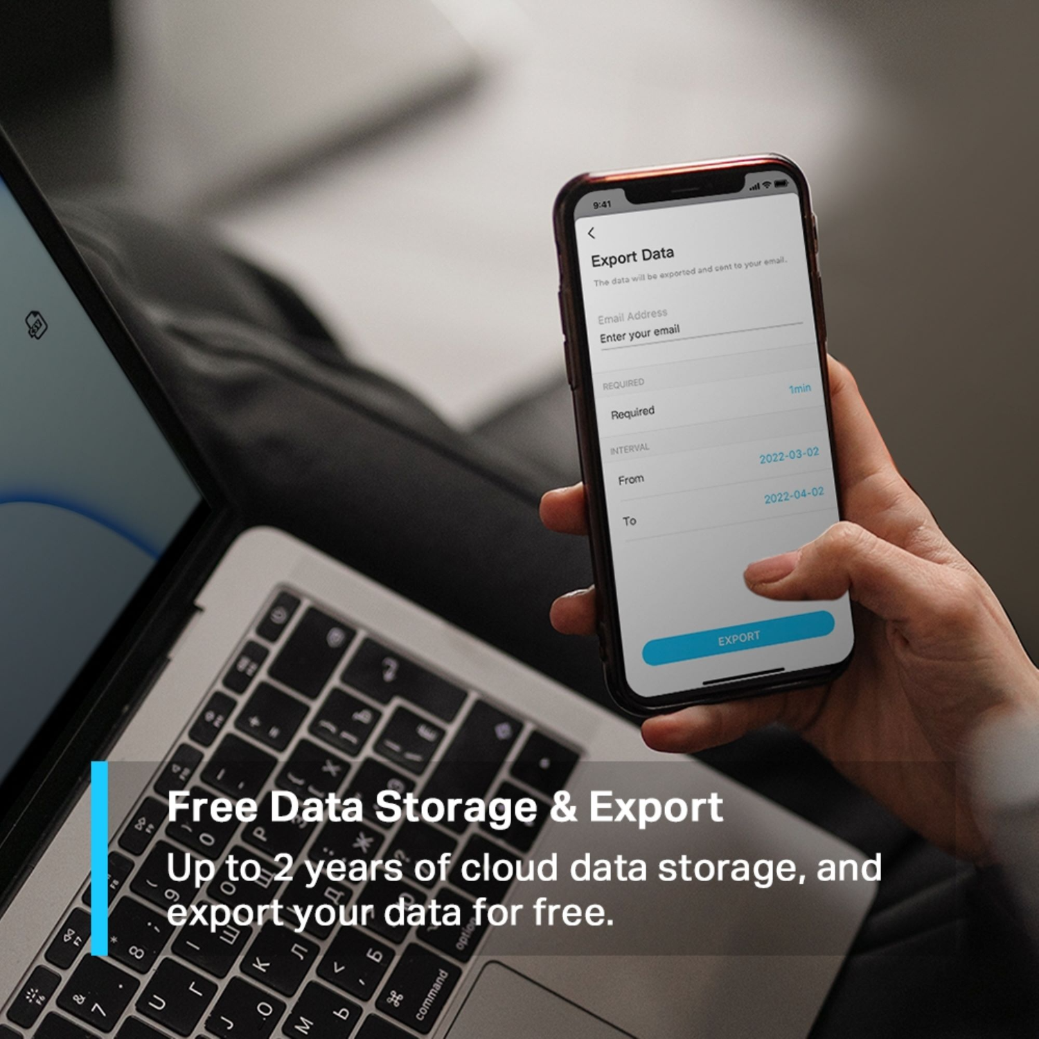 A smartphone screen showing data export options, held by a person.