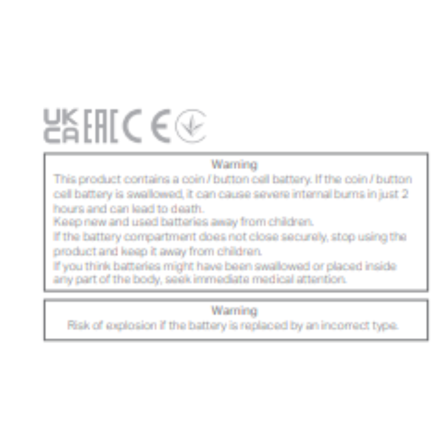 Warning label with text about coin/button cell batteries and explosion risk.