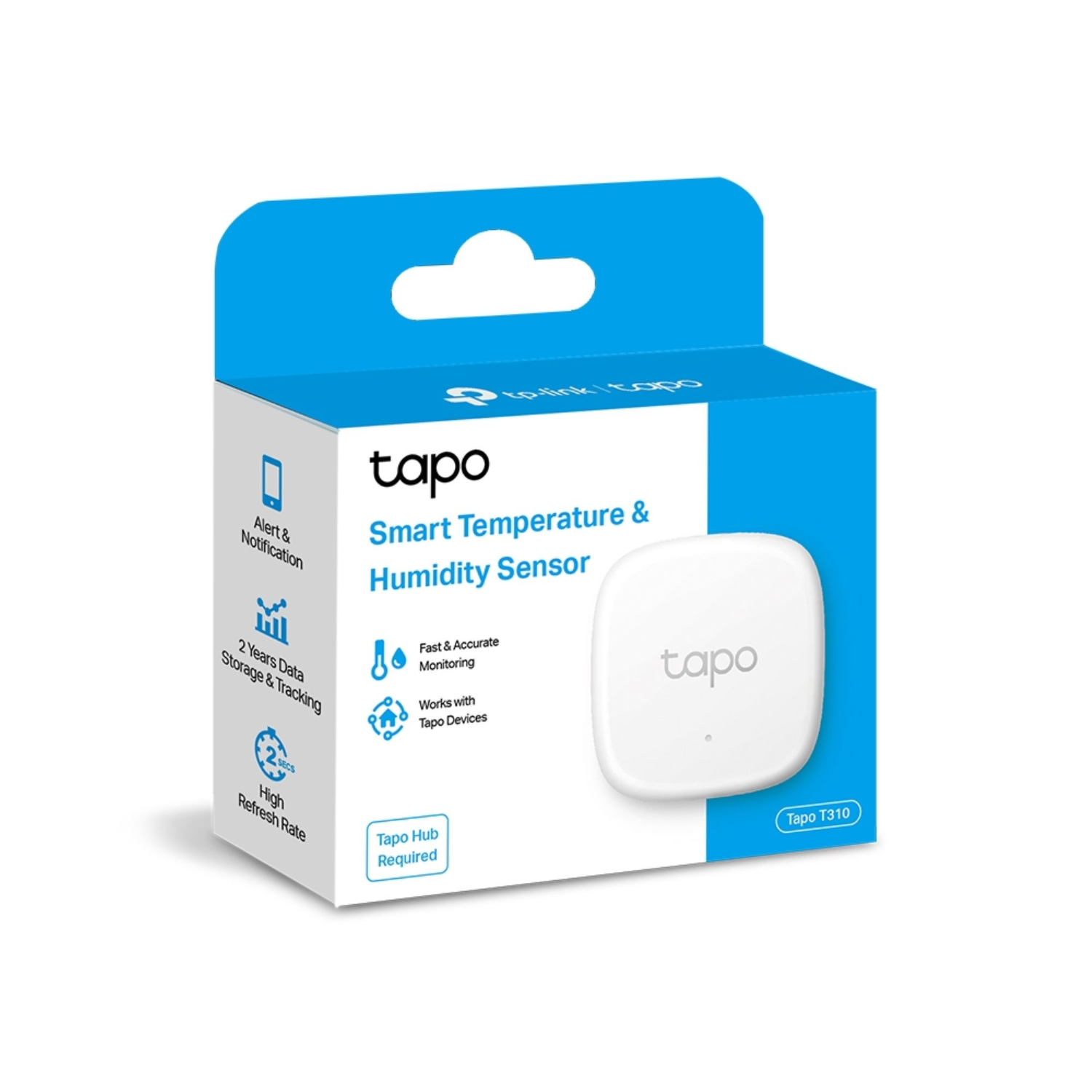 White smart temperature and humidity sensor in a box. The box is white and blue.