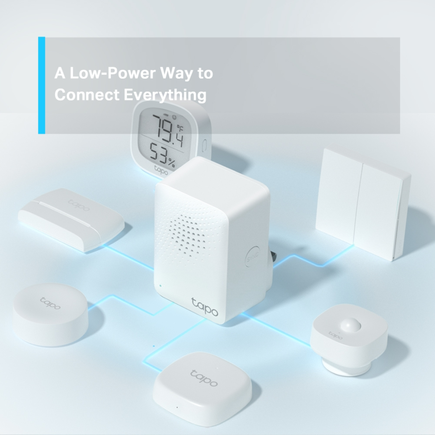 White smart home hub with connected devices.  Includes sensors and small white accessories.