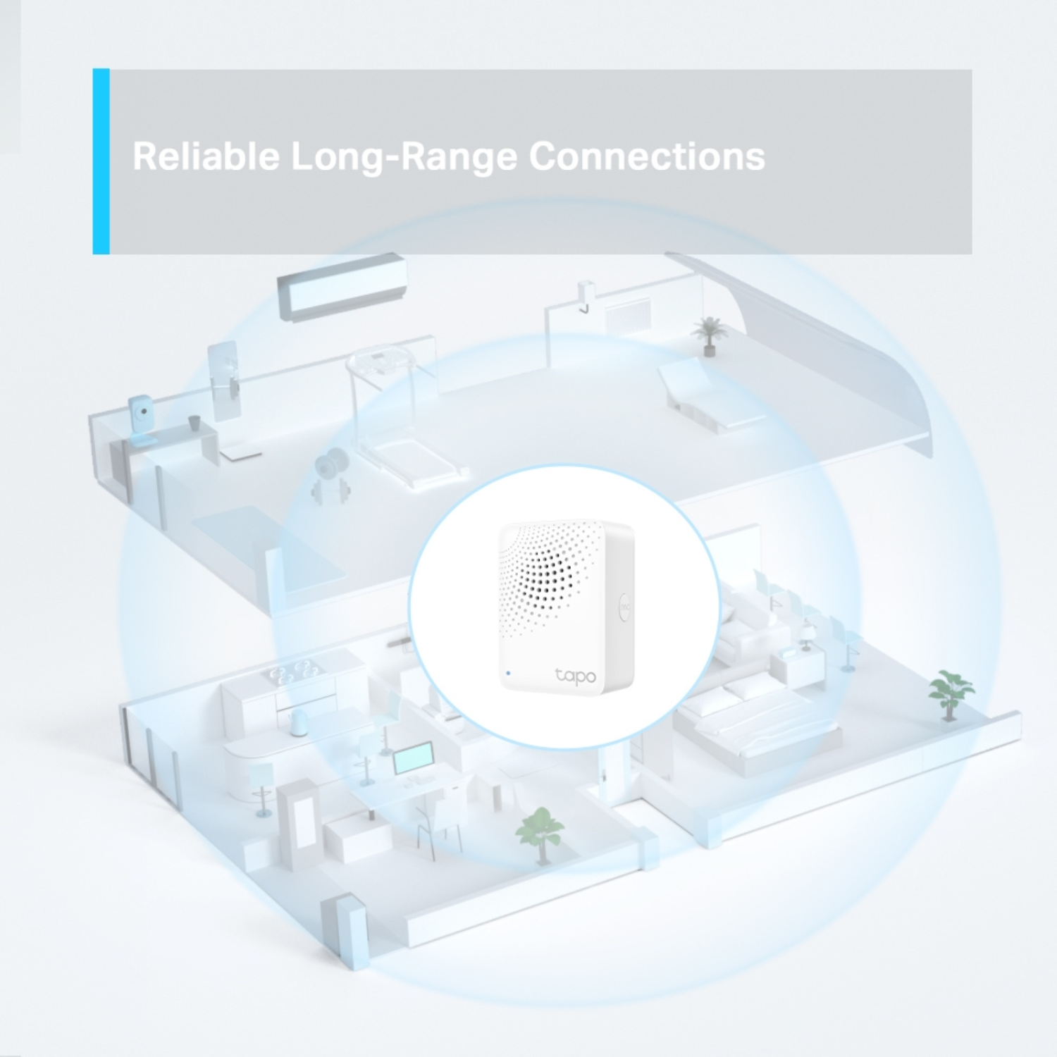 A diagram shows a white router in a home with blue circular signals indicating range.