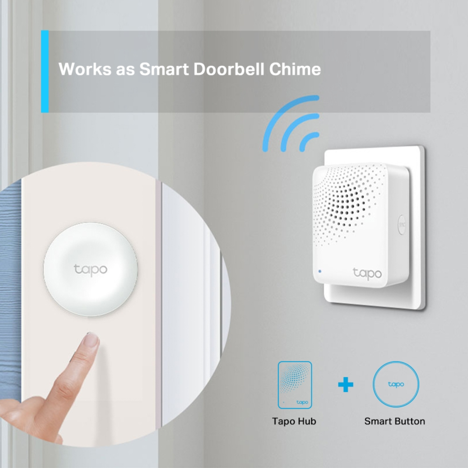 Smart doorbell system with a button, a hub, and a chime, all white and branded Tapo.