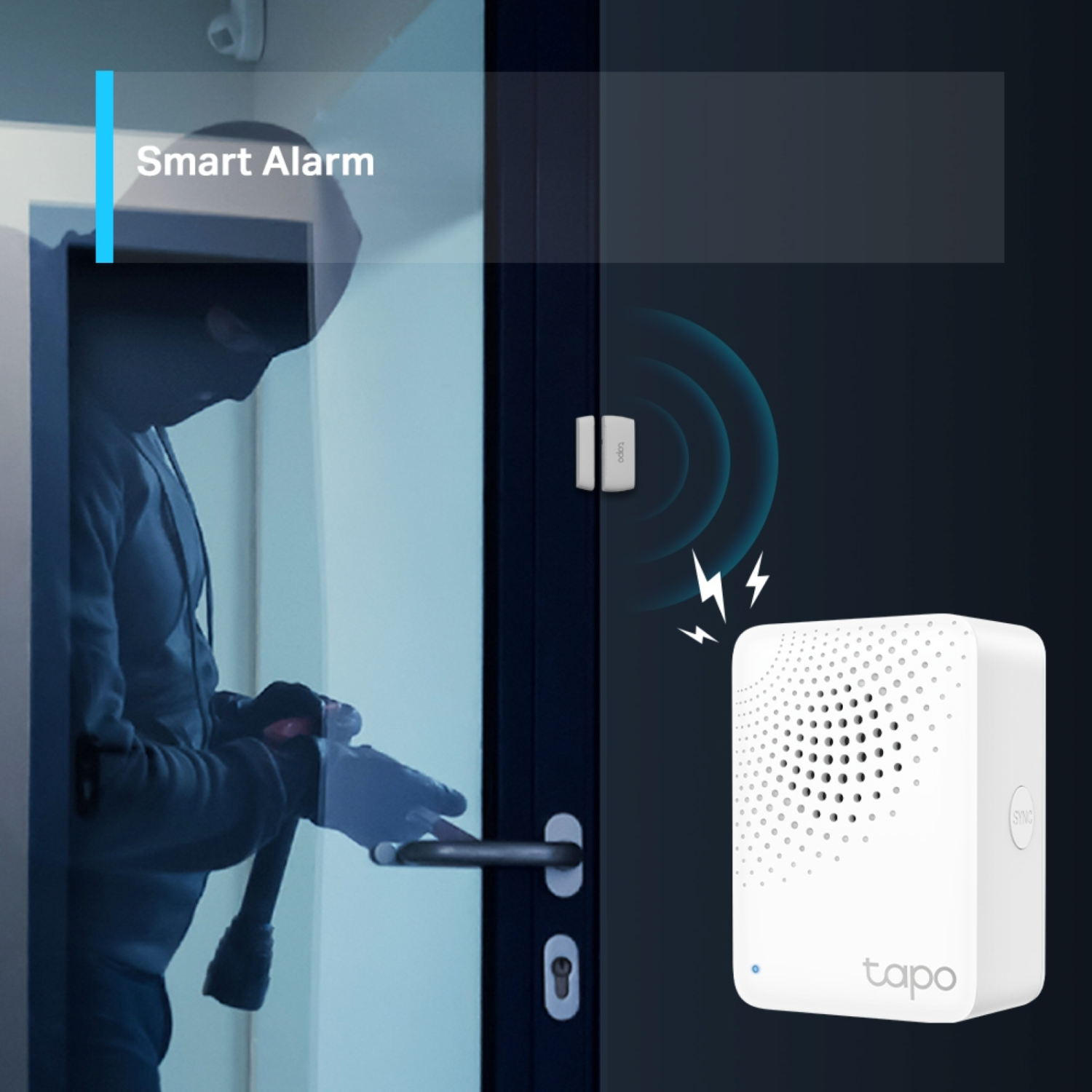A burglar near a door, with a smart alarm system and a flashing light.