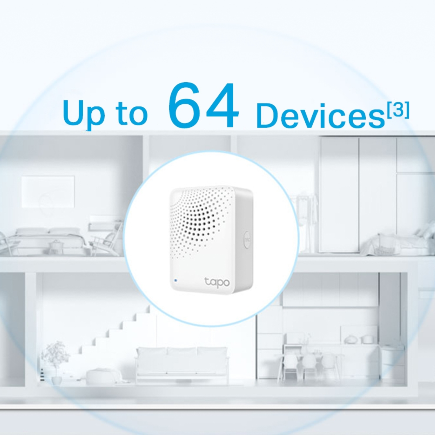 A white Tapo device graphic inside a house outline, with 'Up to 64 Devices' text.