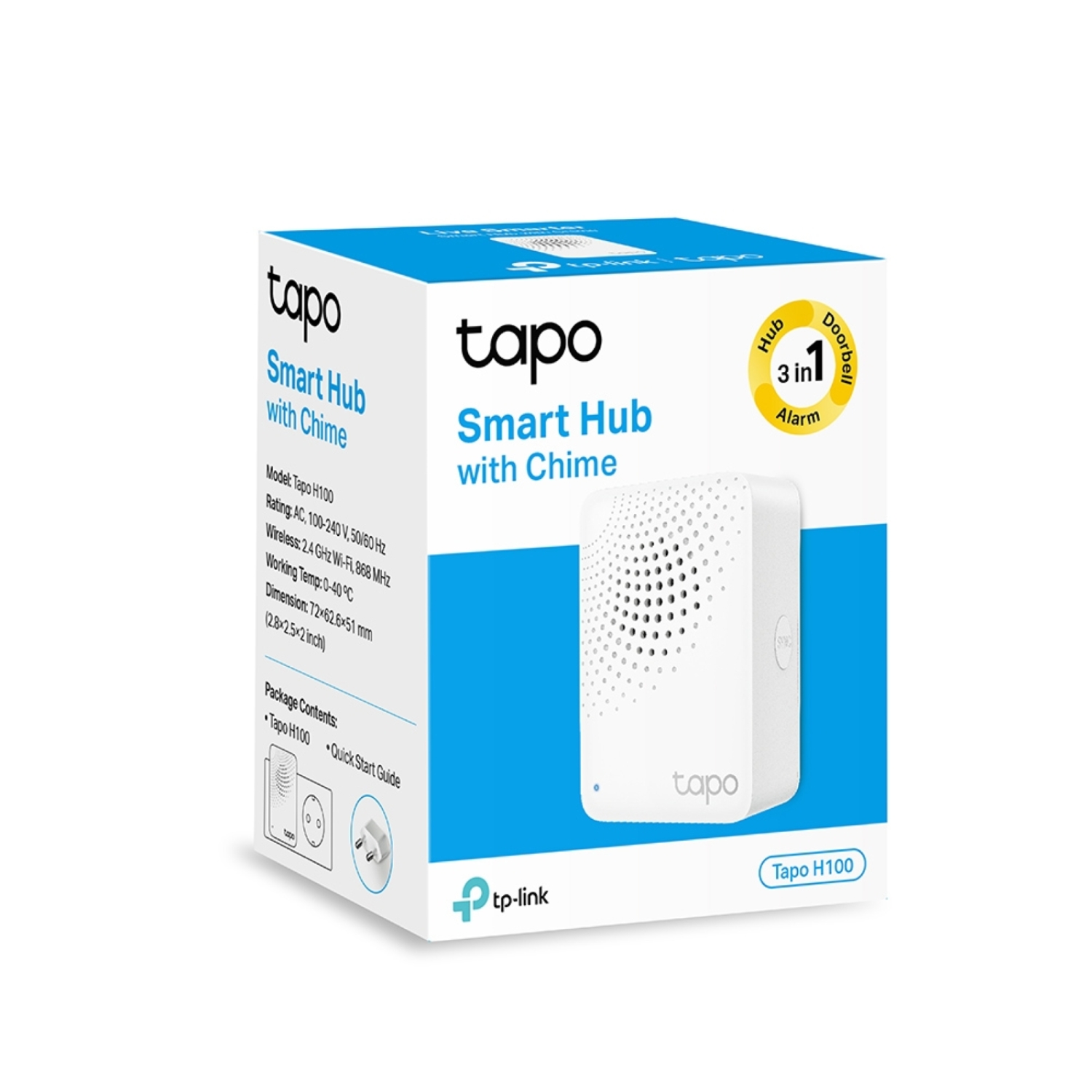 A Tapo smart hub with chime is in a box with text: Smart Hub with Chime. 3 in 1, Hub, Doorbell, Alarm.