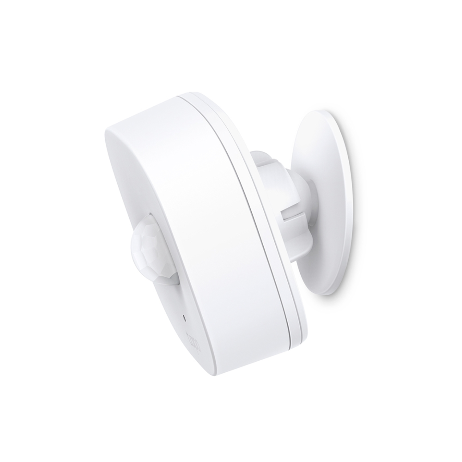White motion sensor mounted on a white surface. It has a rounded front and a mounting base.