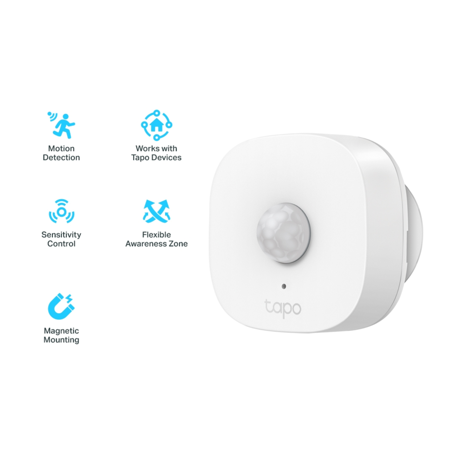 A white smart device with motion detection and other feature icons.