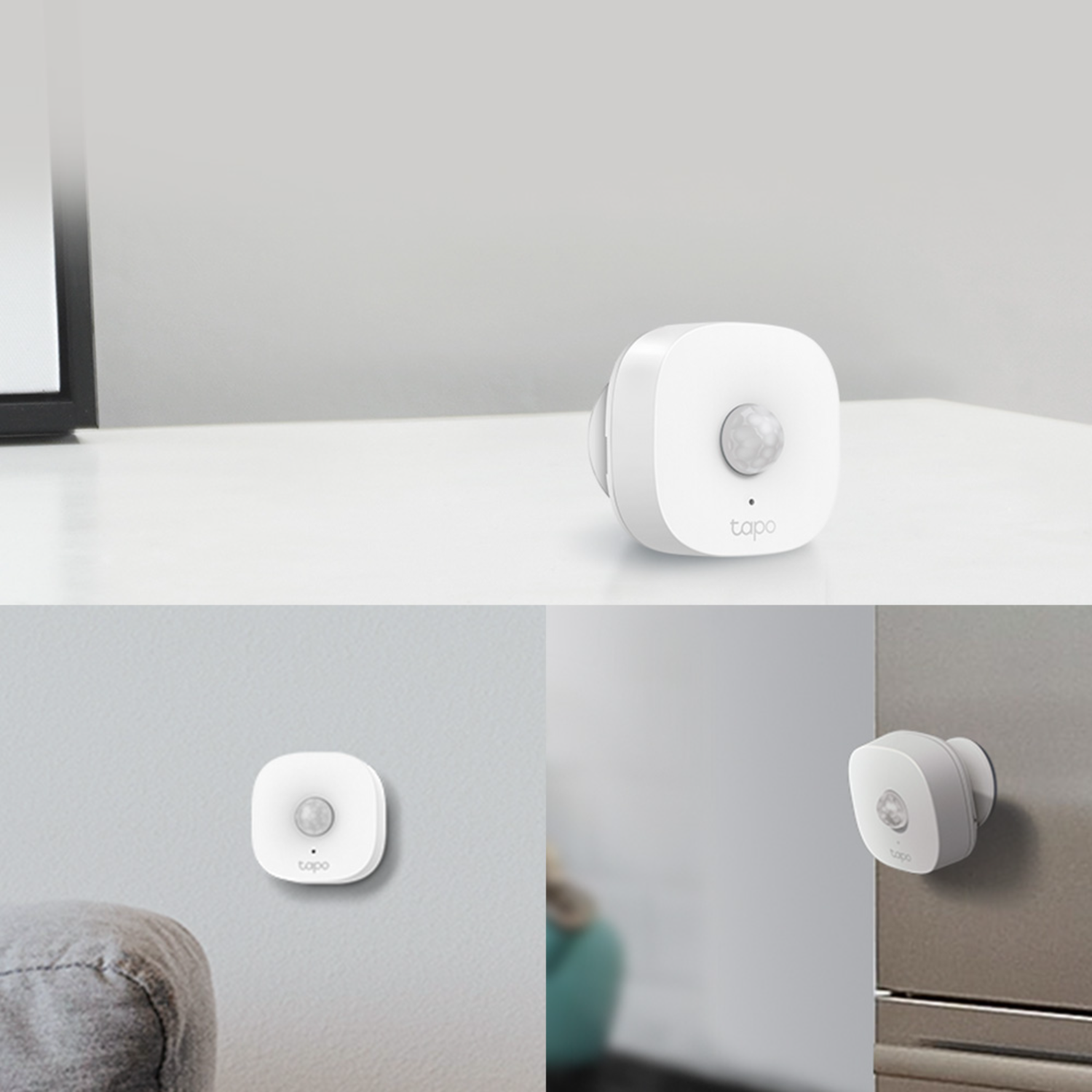 White Tapo motion sensor. Seen in three different installation views.