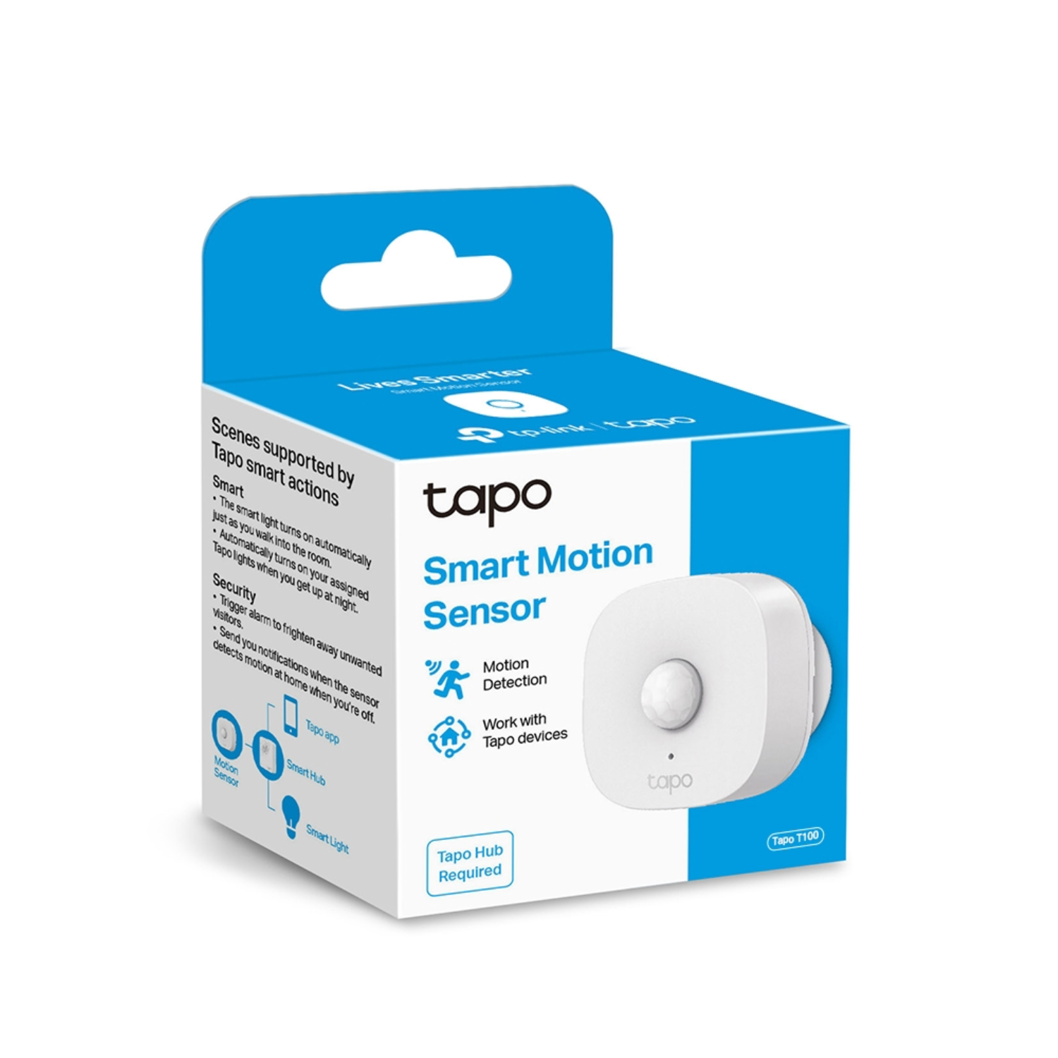 Box with Tapo Smart Motion Sensor. White sensor, blue and white box, and text.