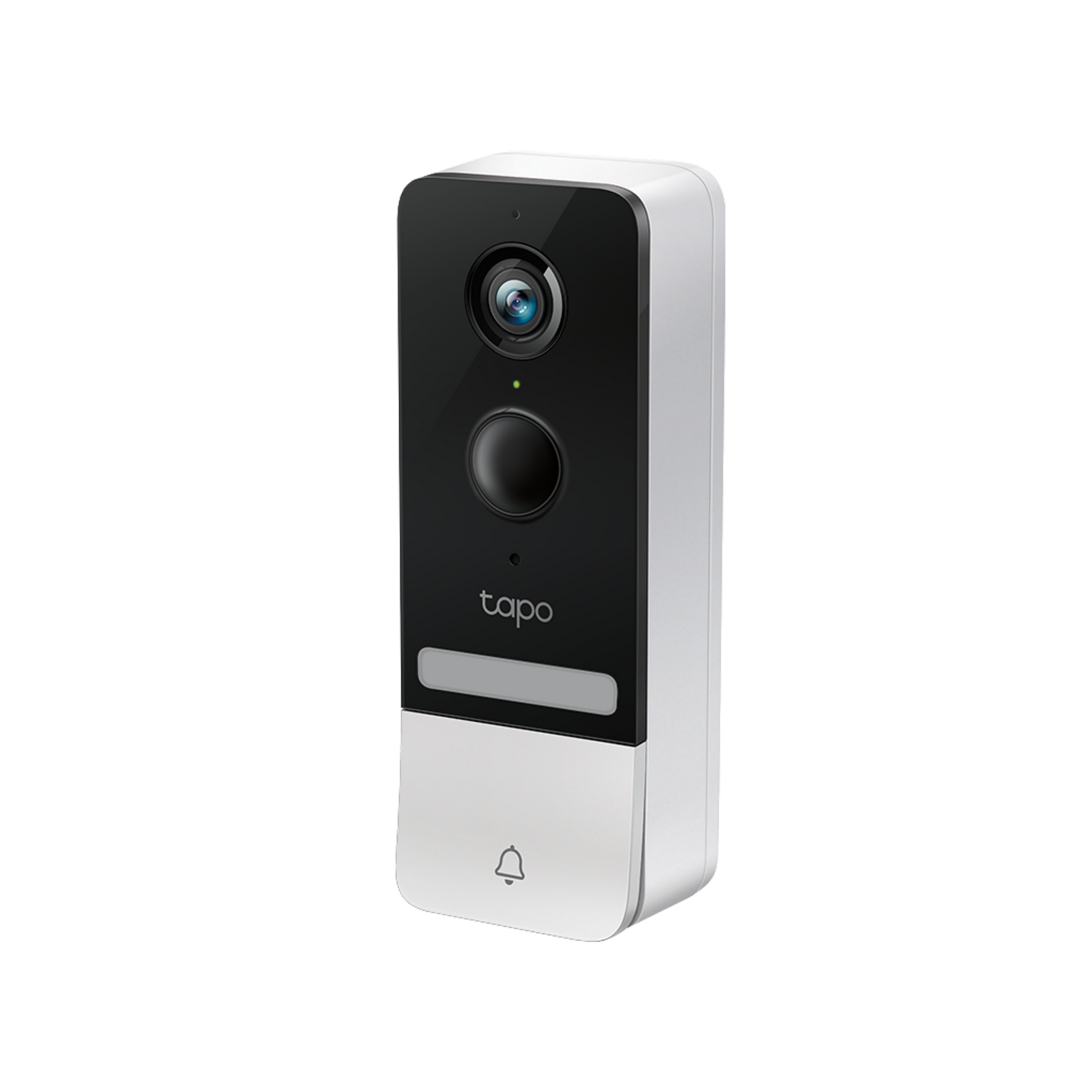 A white and black Tapo video doorbell, showing the camera and doorbell.