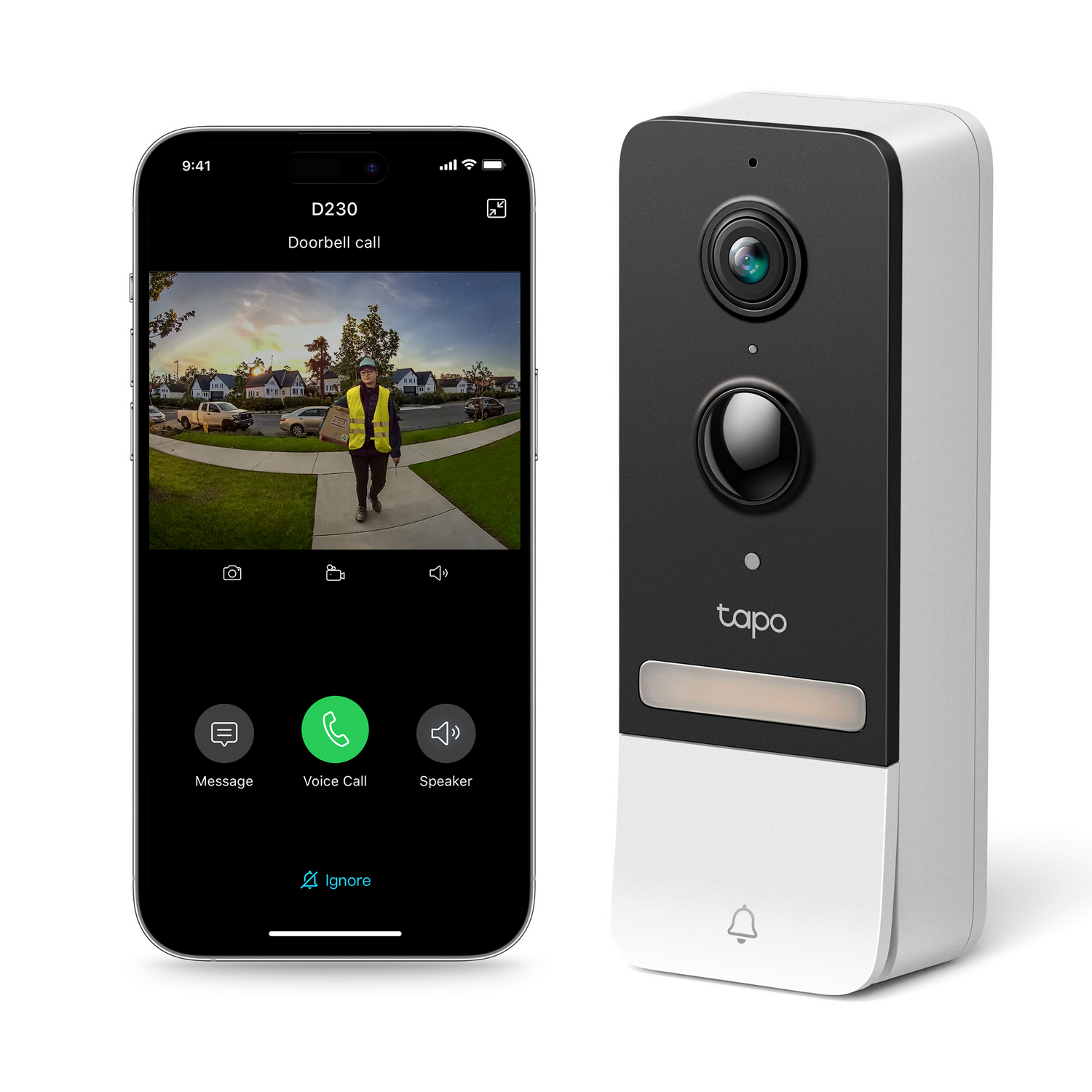 Smartphone showing a person. Doorbell camera. White and black doorbell.