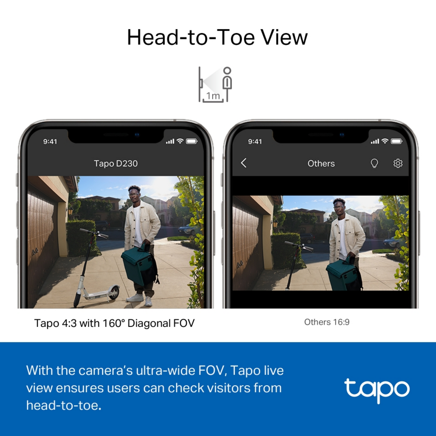 Two smartphone screens showing people. One with Tapo 4:3 view, the other 16:9 view.