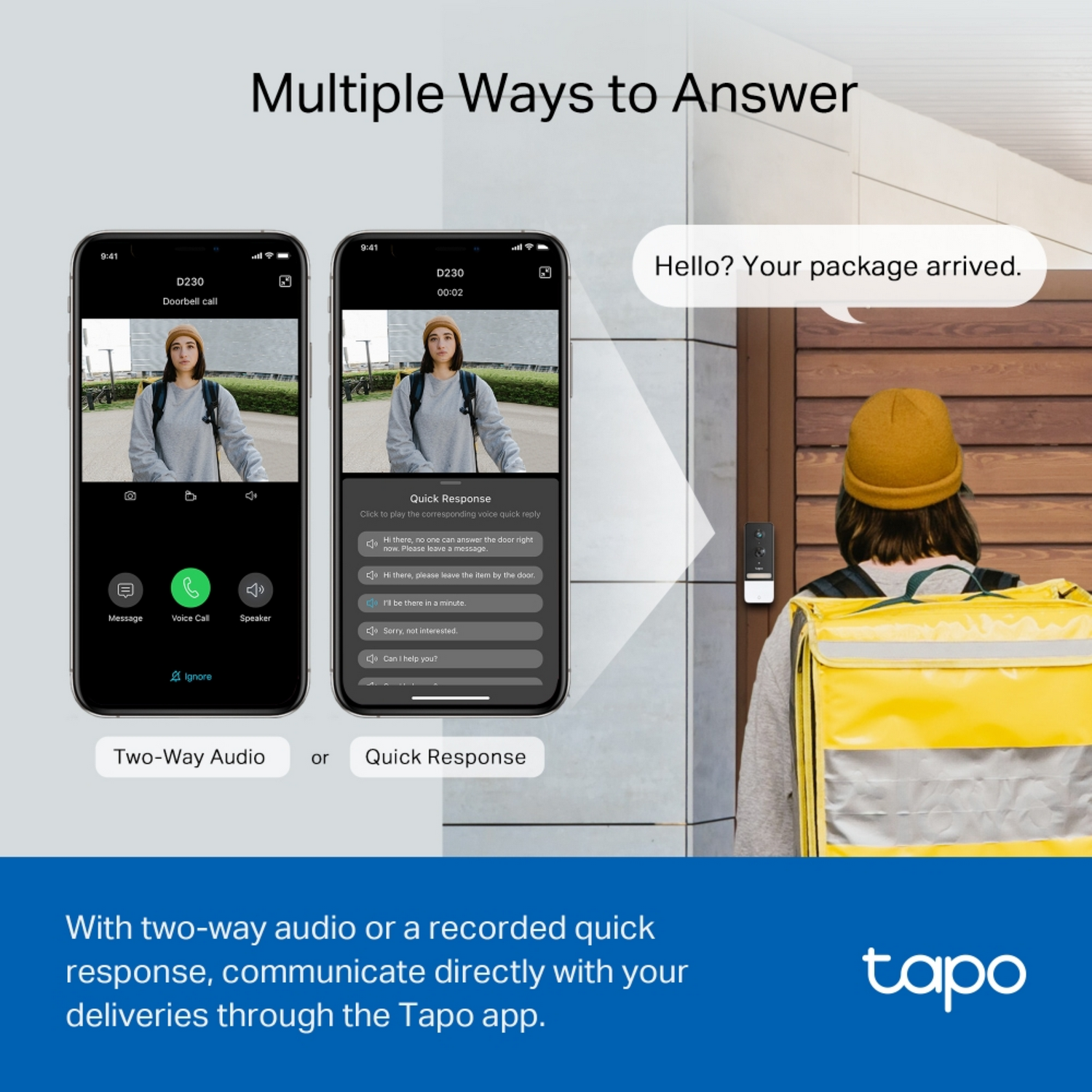 Two phone screens show two-way audio and quick response options. A delivery person is shown.