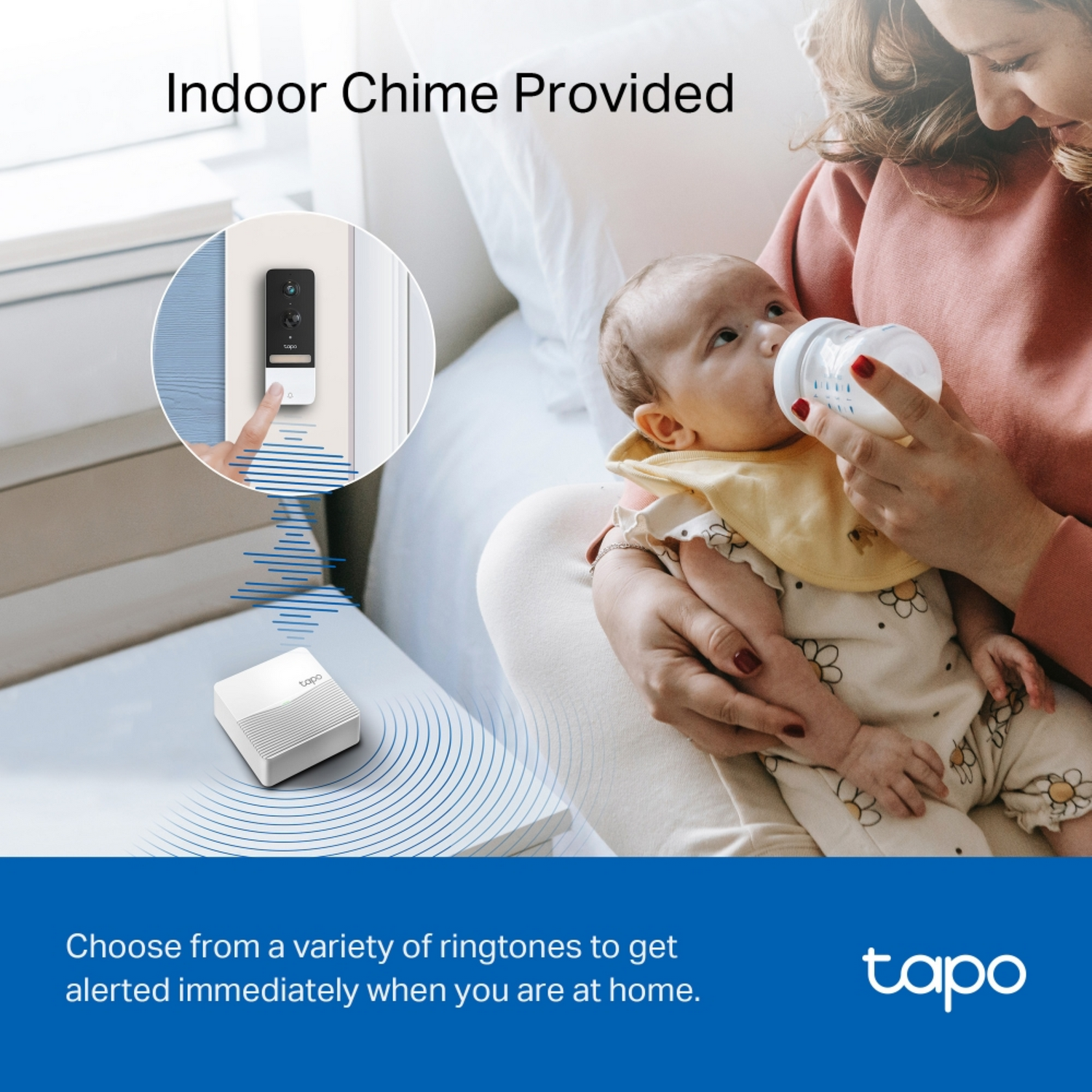 A woman feeding a baby with a bottle. A smart doorbell and a chime are also visible on the wall.