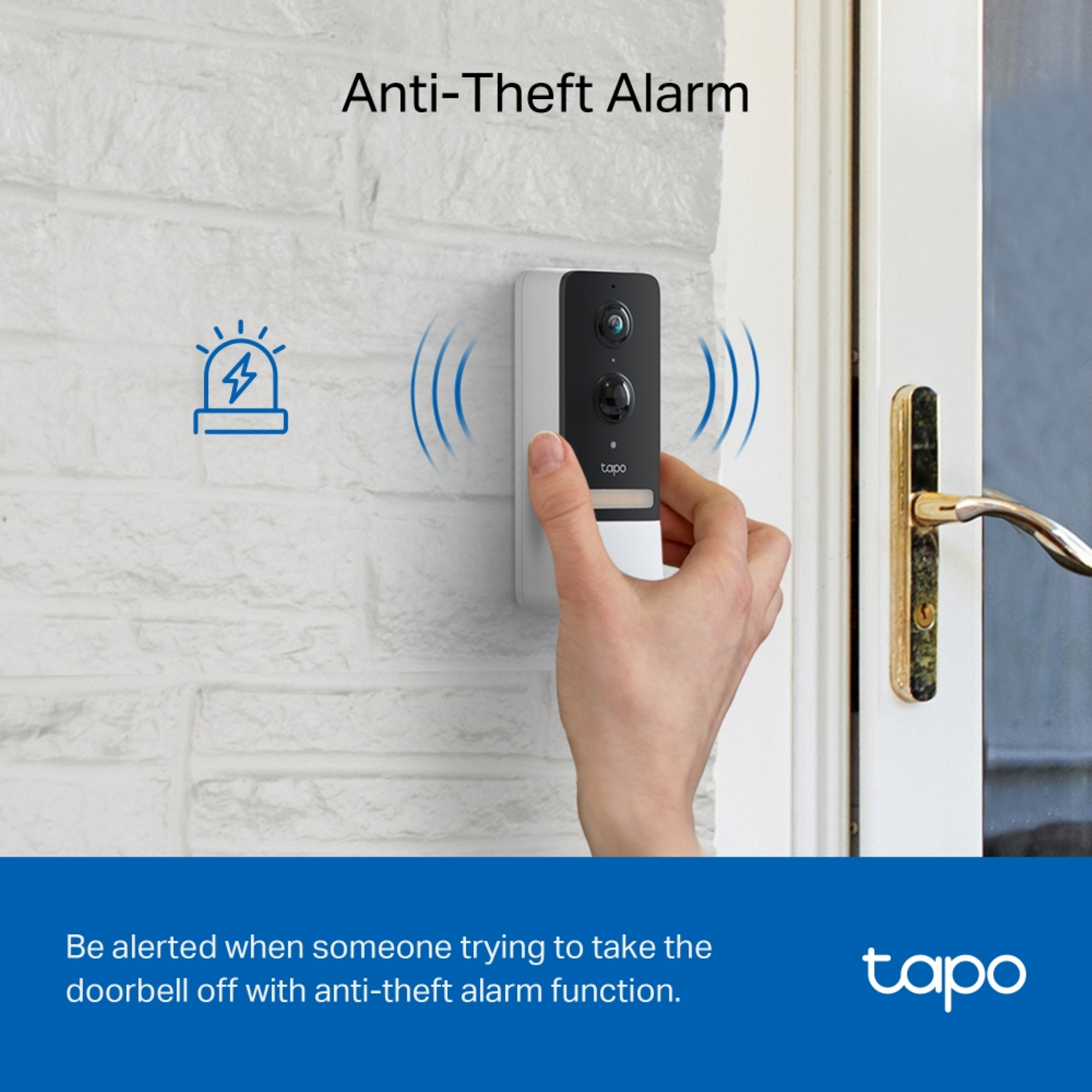 Person holding a white and black electric shaver and anti-theft alarm.