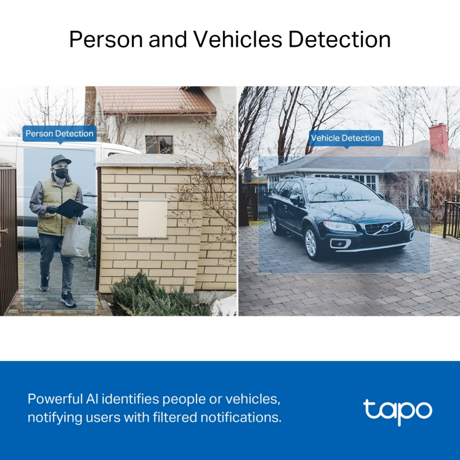 Two images showing person and vehicle detection. A person walks near a home, a car is parked in driveway.
