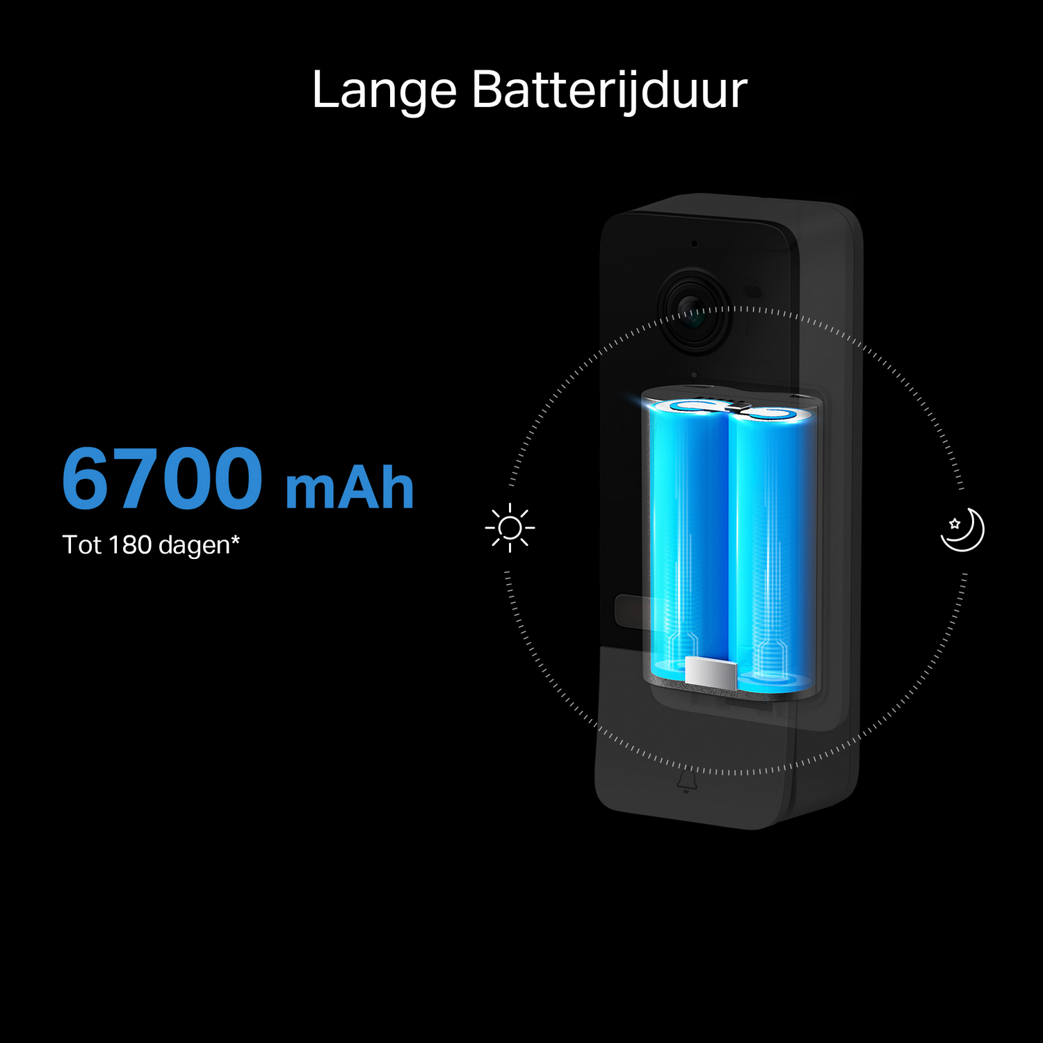 A black doorbell with a battery indicator. The battery is highlighted with text.