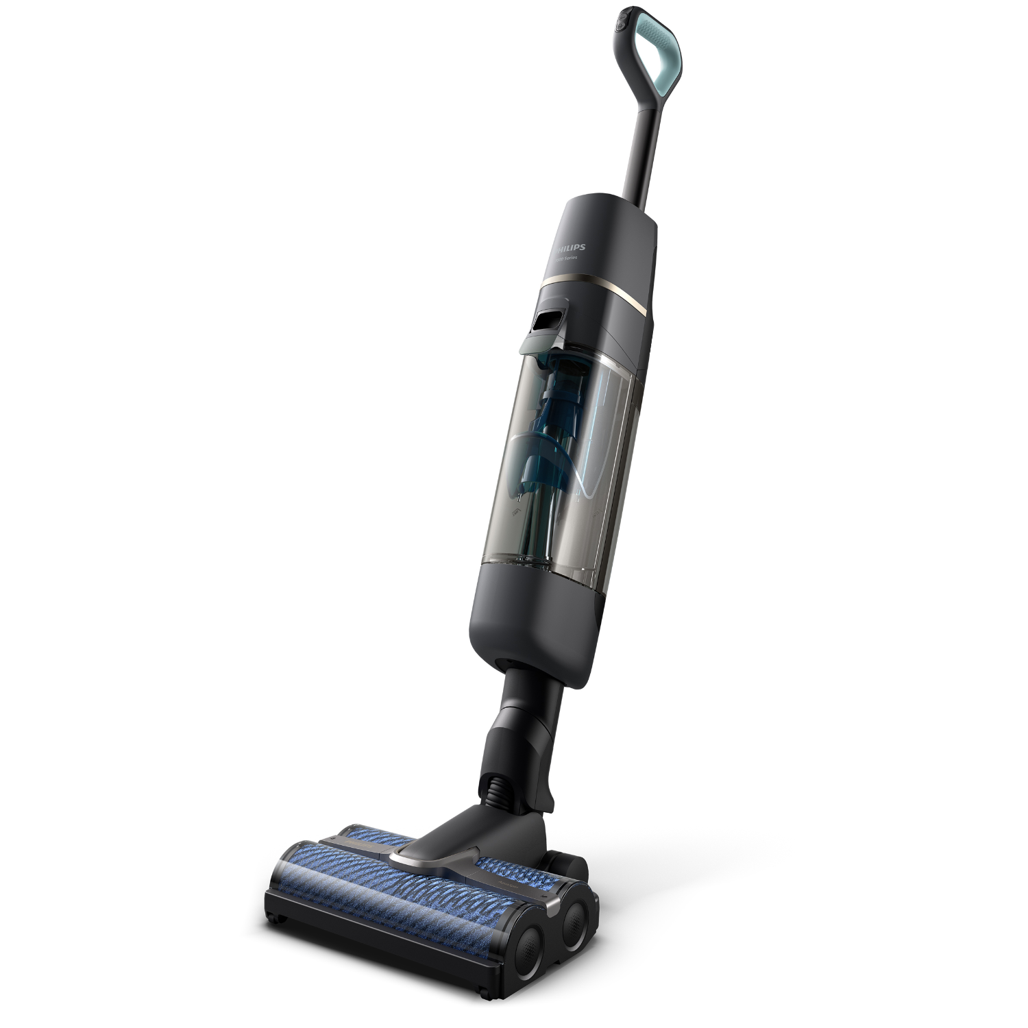 Aspirateur humide noir et gris sur une surface blanche. Comprend une poignée et des rouleaux.