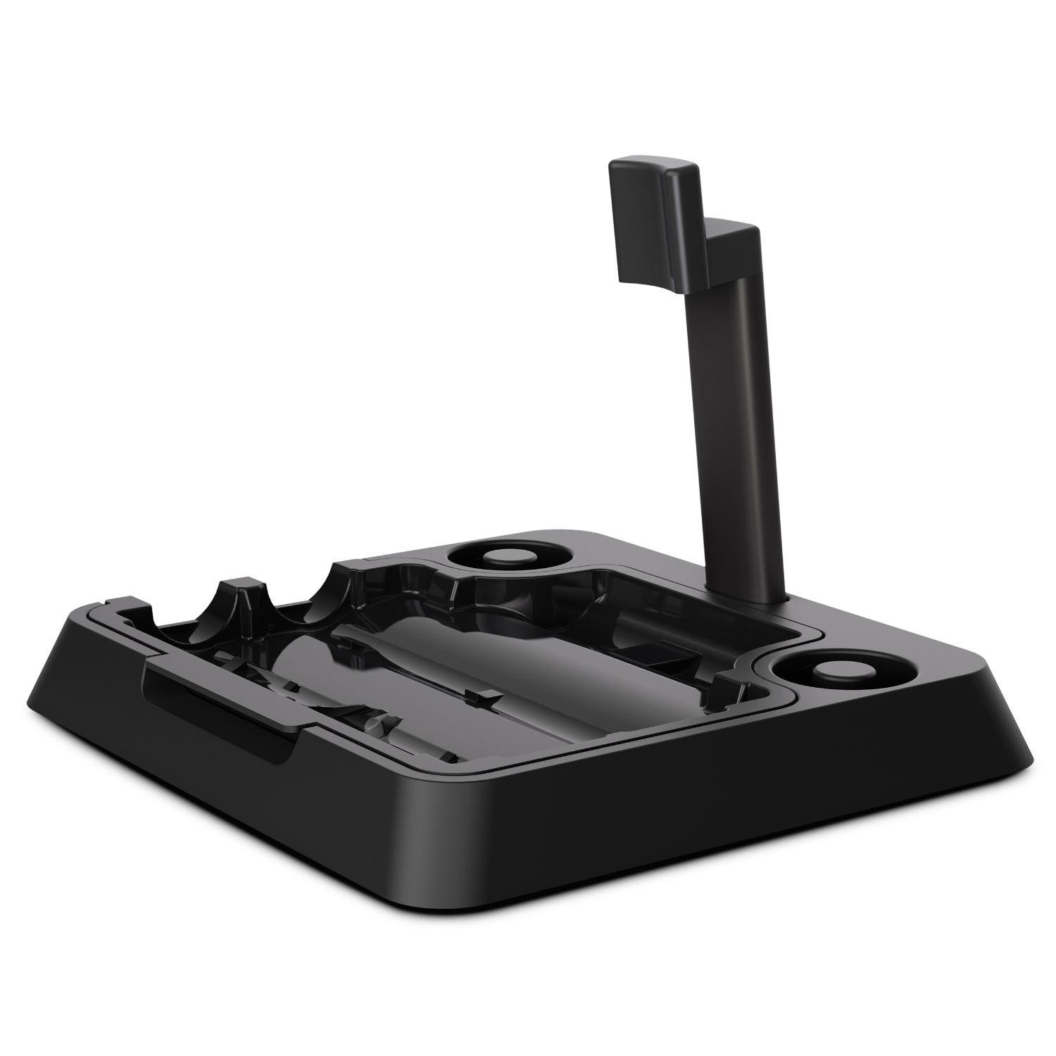 Station de charge noire avec support pour un appareil, sur fond blanc.