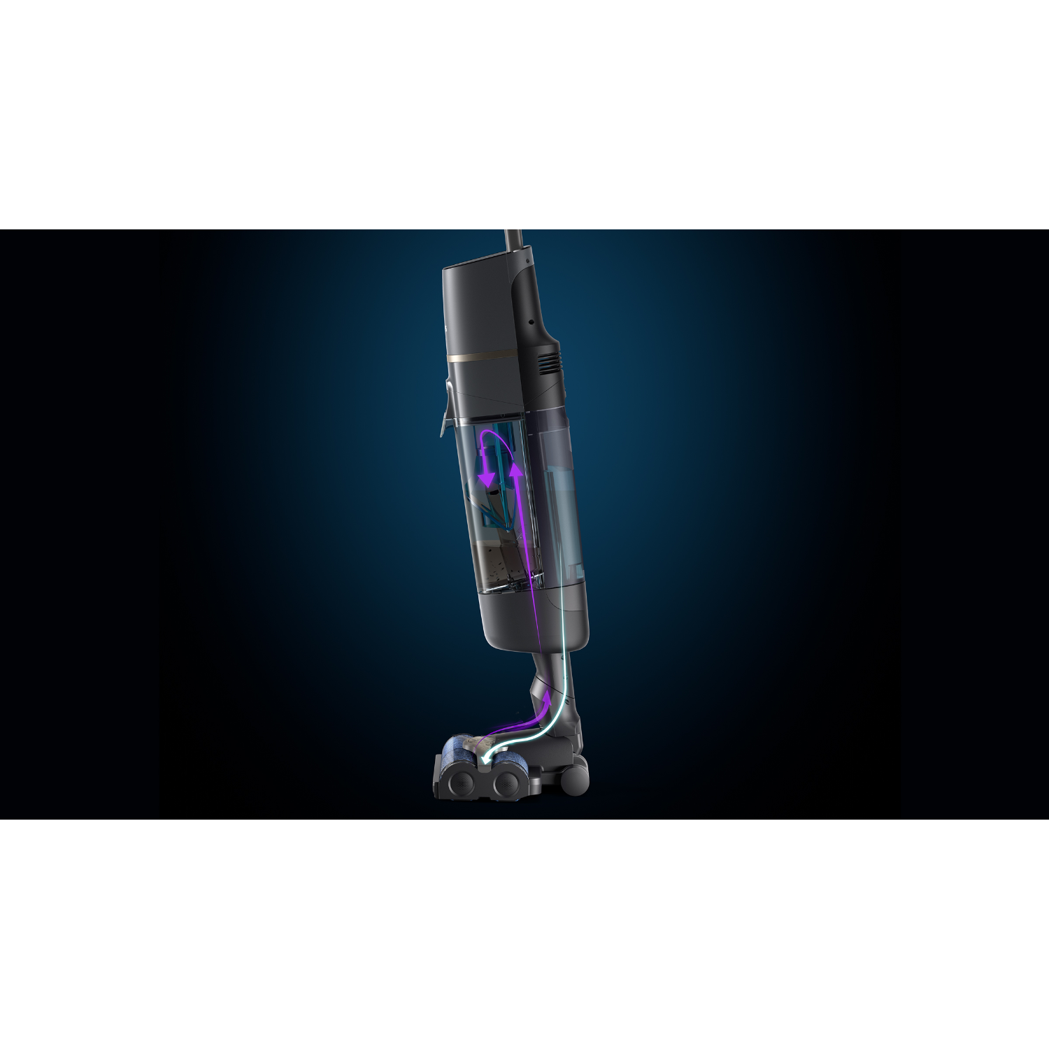 Aspirateur en coupe transversale avec des lignes de flux d'air violettes.