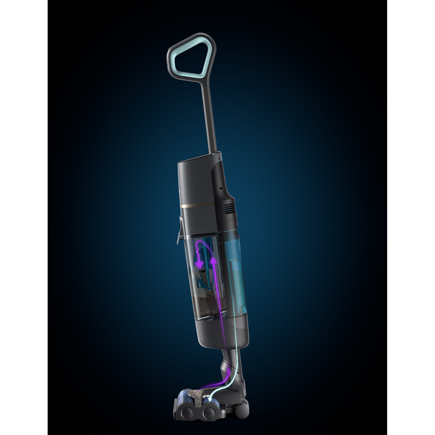 Un aspirateur avec un tube transparent et un corps noir et bleu canard. Montre les parties internes. Il est sur un fond sombre.