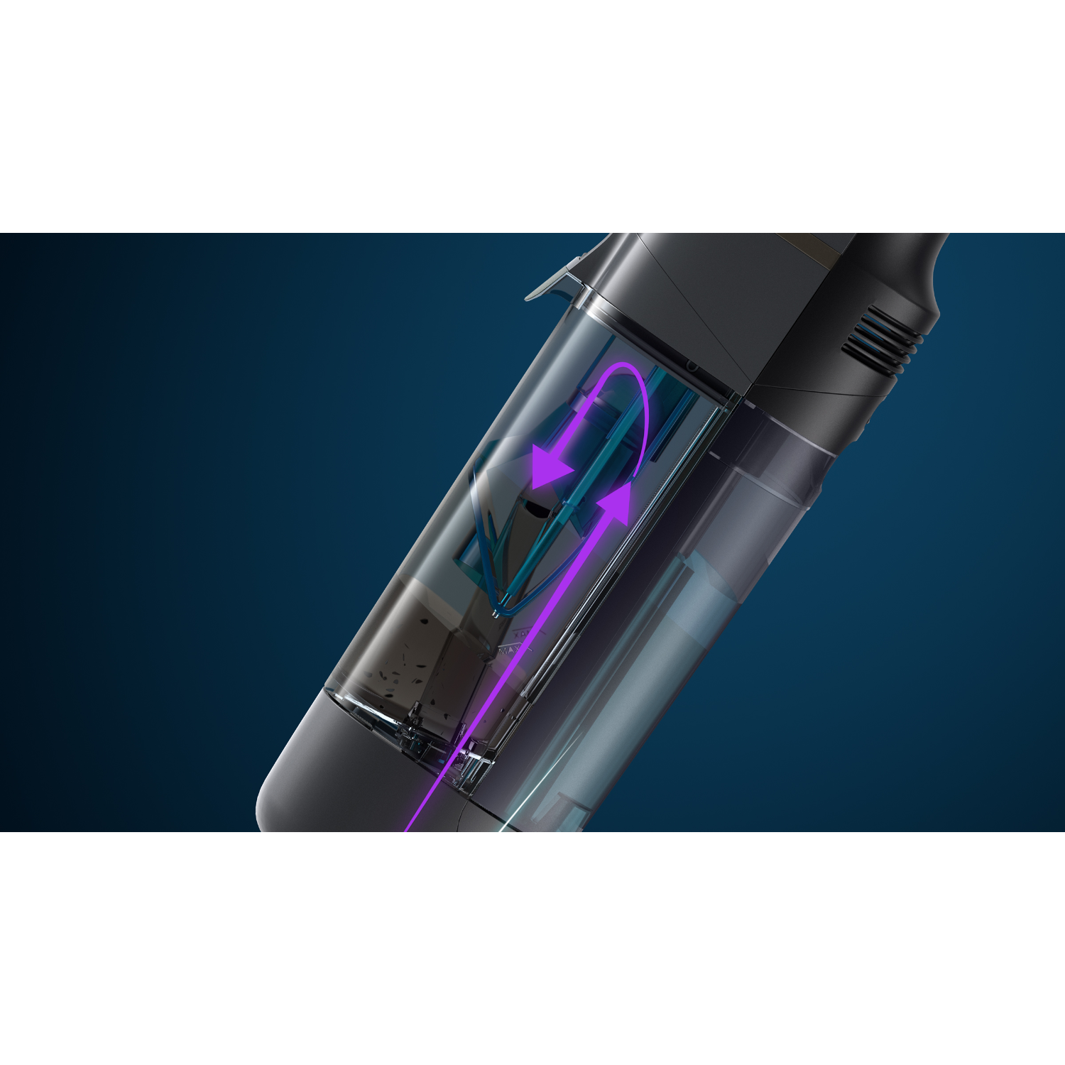 Aspirateur avec un compartiment transparent et une illustration de flux d'air violet. À l'intérieur, de petites particules.