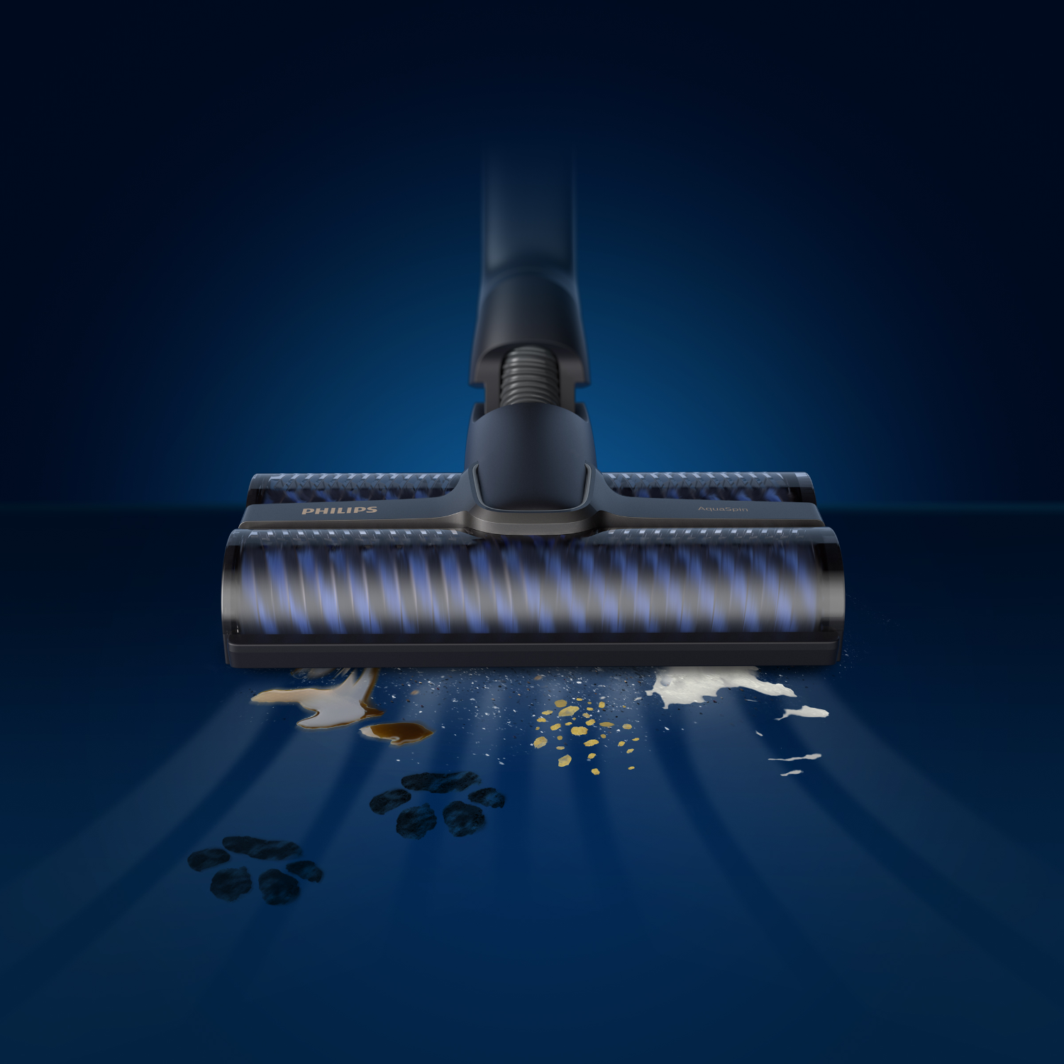 Une tête d'aspirateur Philips avec des lumières bleues, enlevant la saleté et montrant des empreintes de pattes.