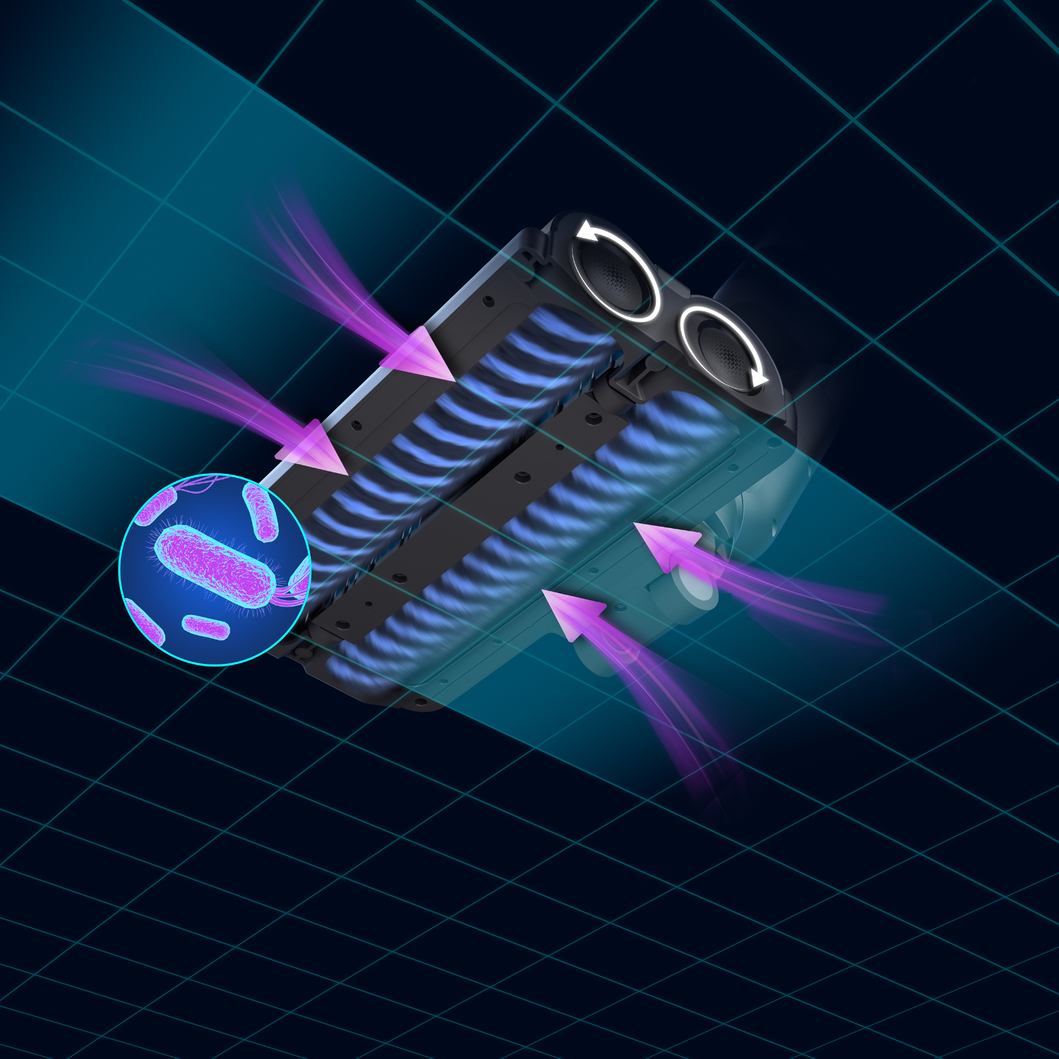 Illustration du flux d'air d'un aspirateur, montrant des flèches et une illustration de bactéries.