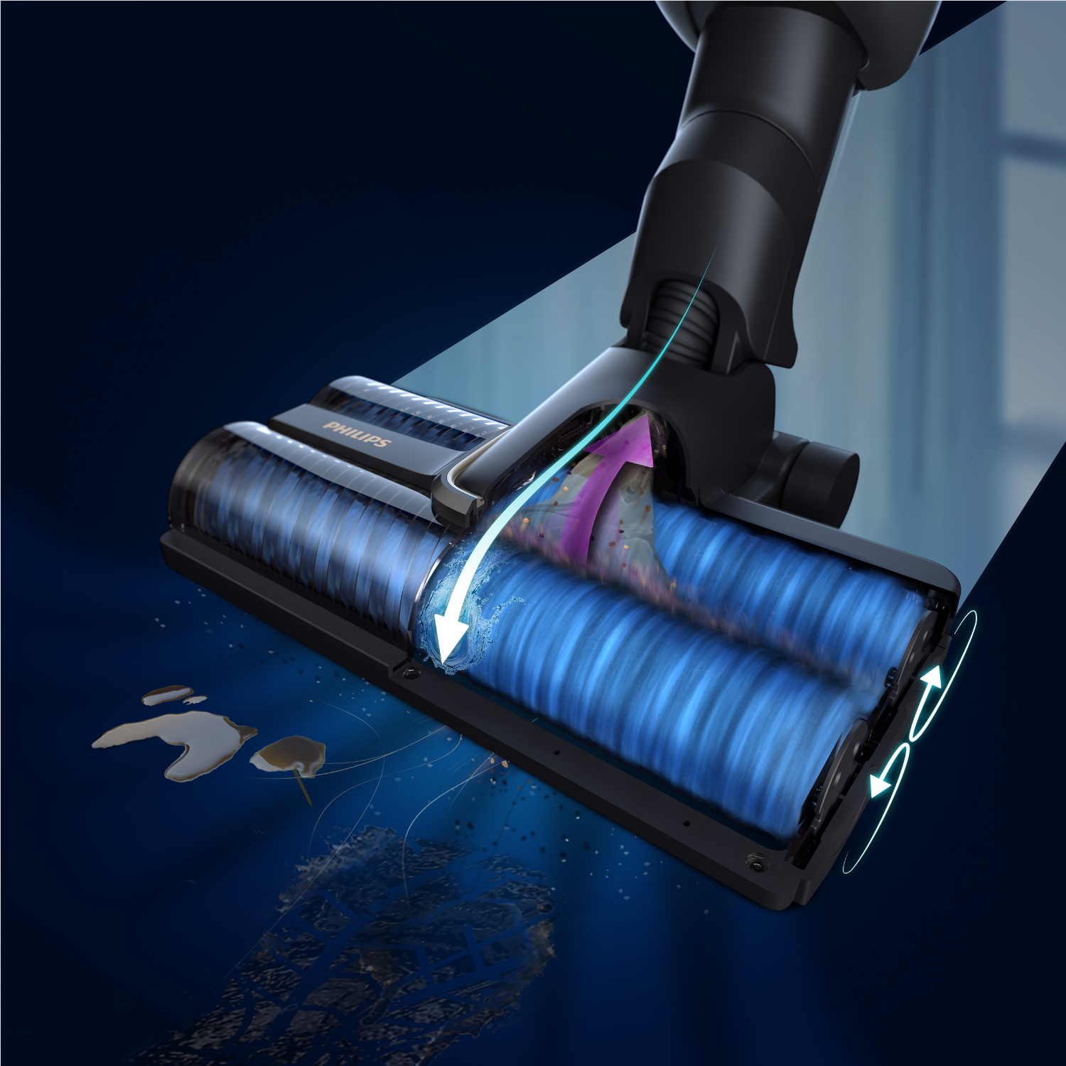 Tête d'aspirateur en action, montrant la brosse et le processus de nettoyage.