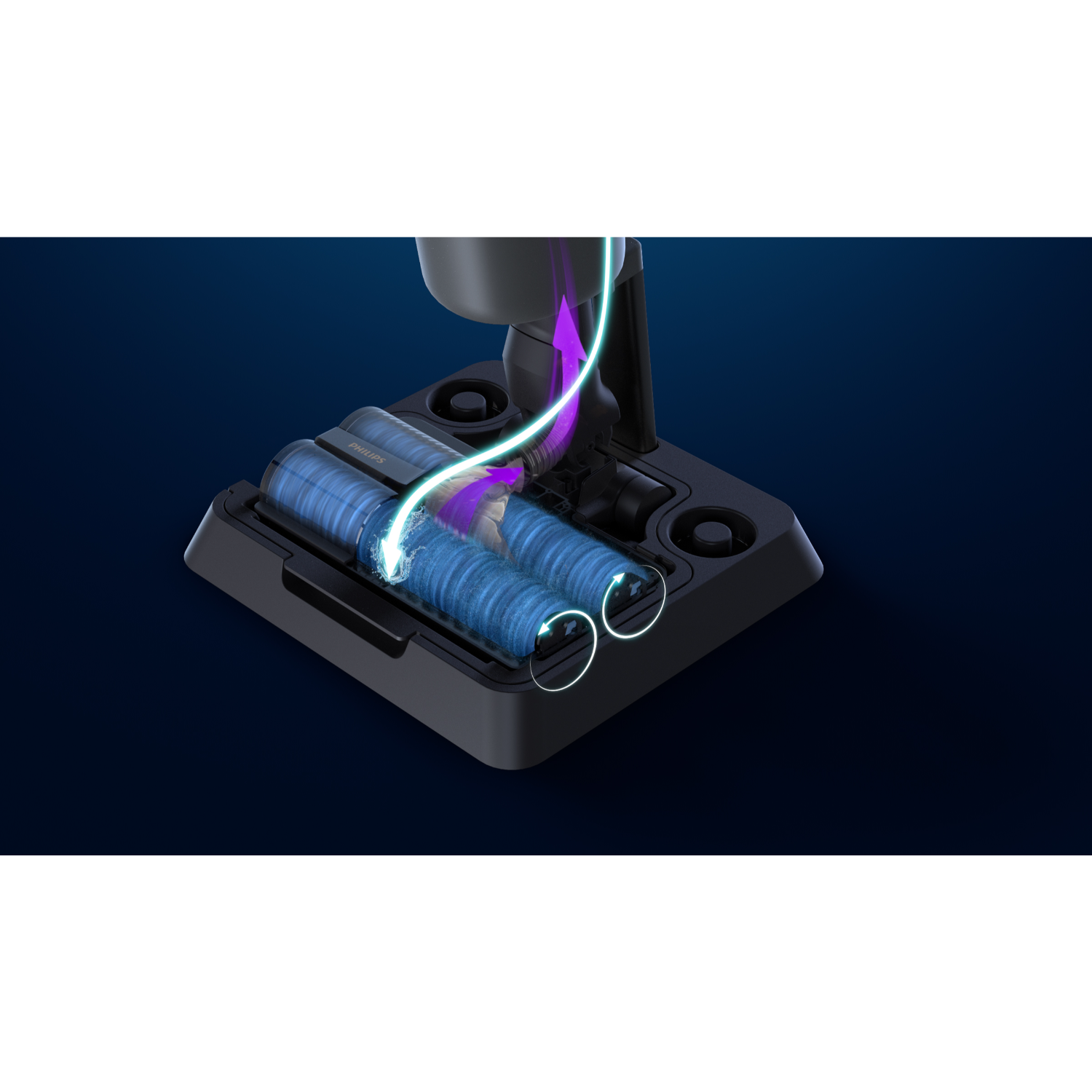 Base d'aspirateur montrant des brosses rotatives et le flux d'air, avec un thème bleu et noir.