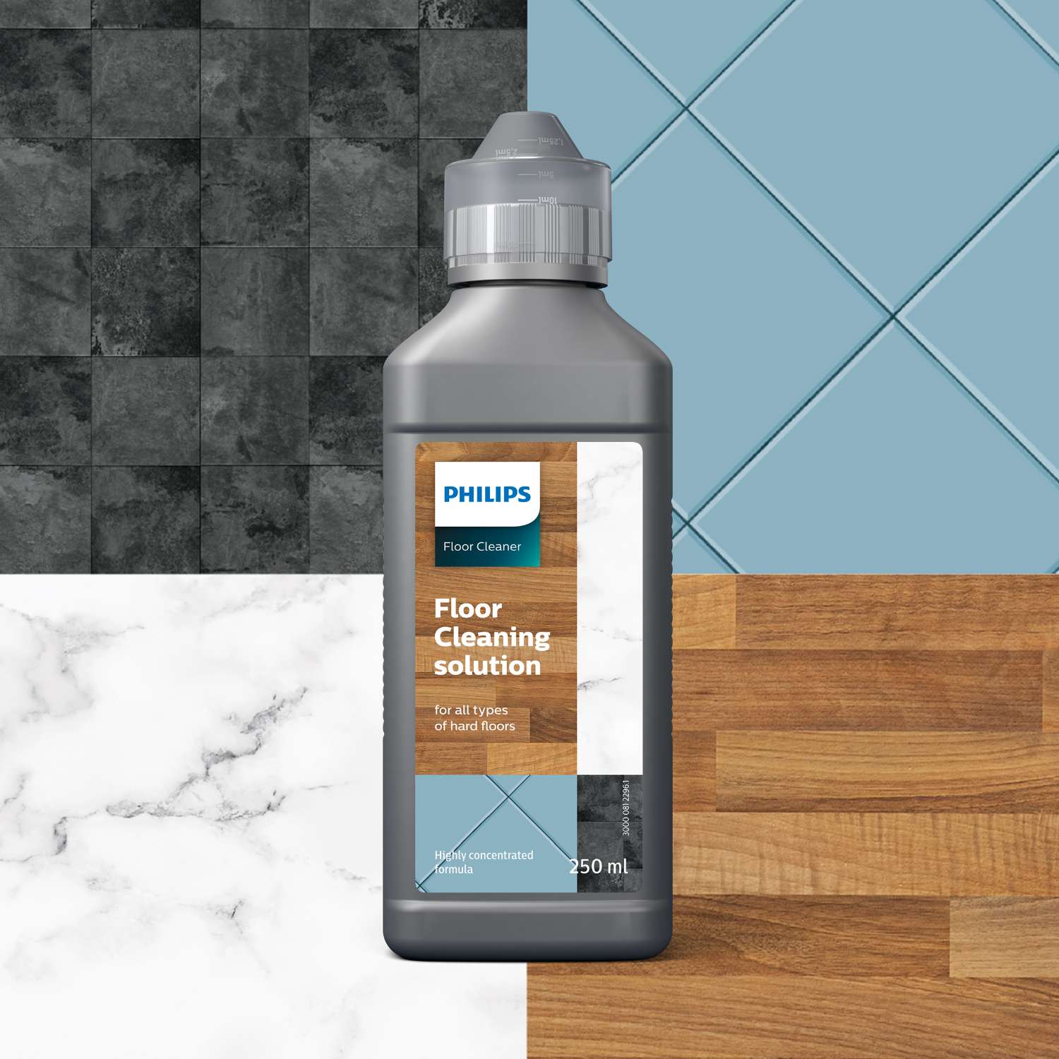 Bouteille de solution de nettoyage des sols. Le fond montre des textures de marbre, de bois et de carrelage.
