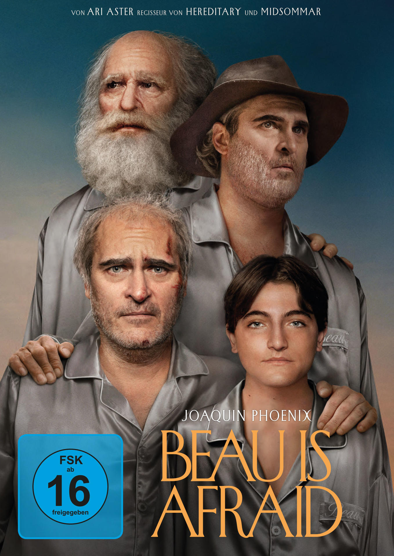 Filmplakat: Vier Personen, eine mit langem weißen Bart. Text: 'Beau is Afraid' und Namen der Schauspieler.