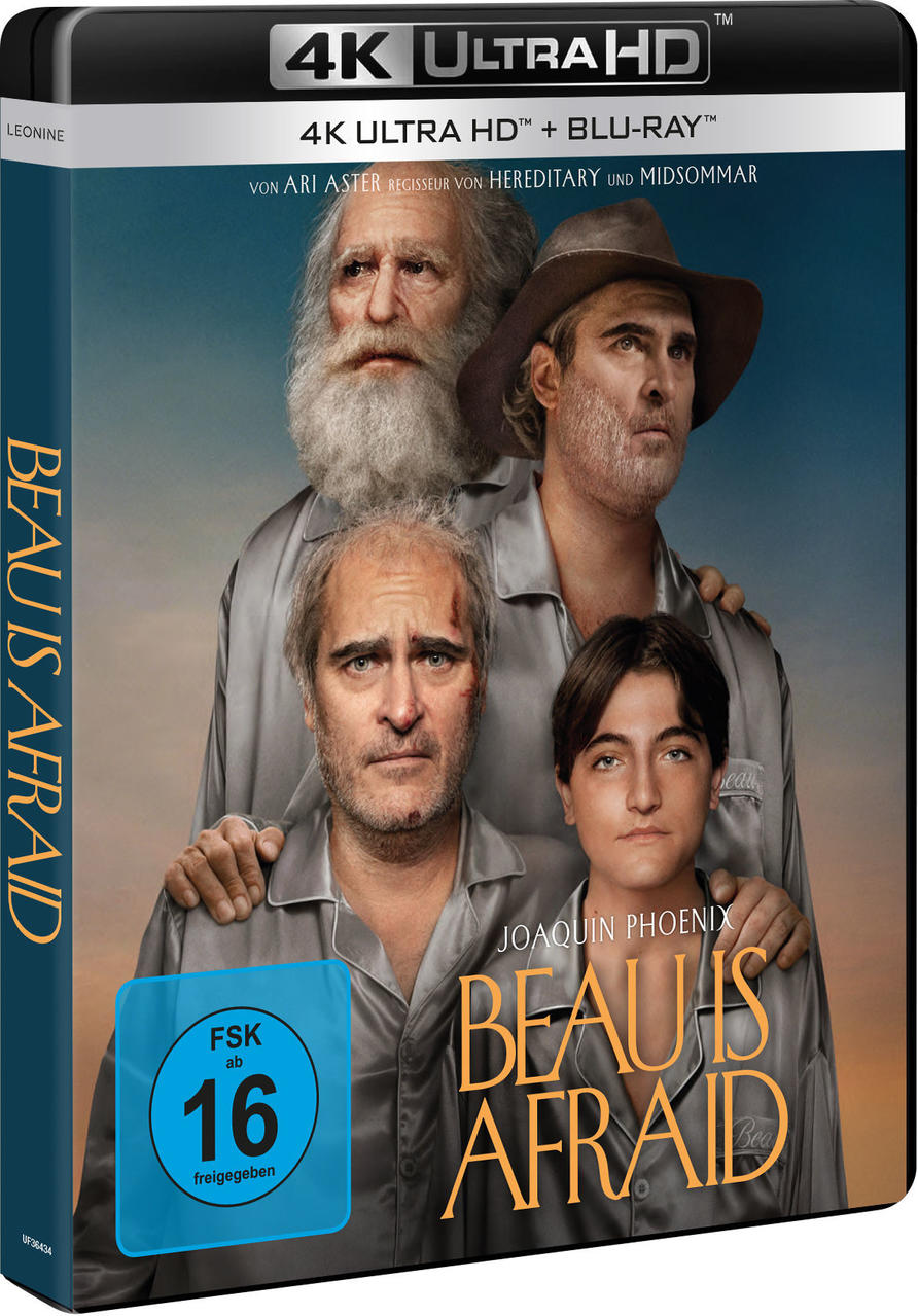 Blu-ray-Cover für den Film "Beau is Afraid" mit Joaquin Phoenix.