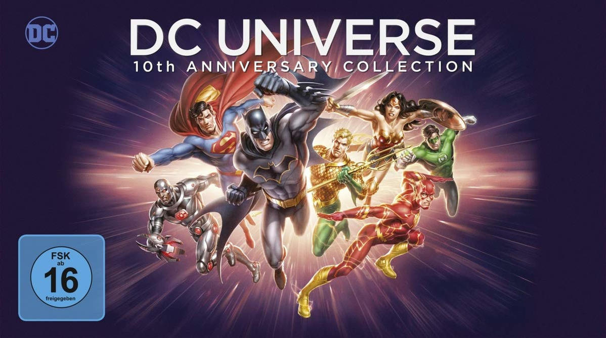 DC Universe 10th Anniversary Collection DVD-Cover mit verschiedenen DC-Comic-Charakteren.