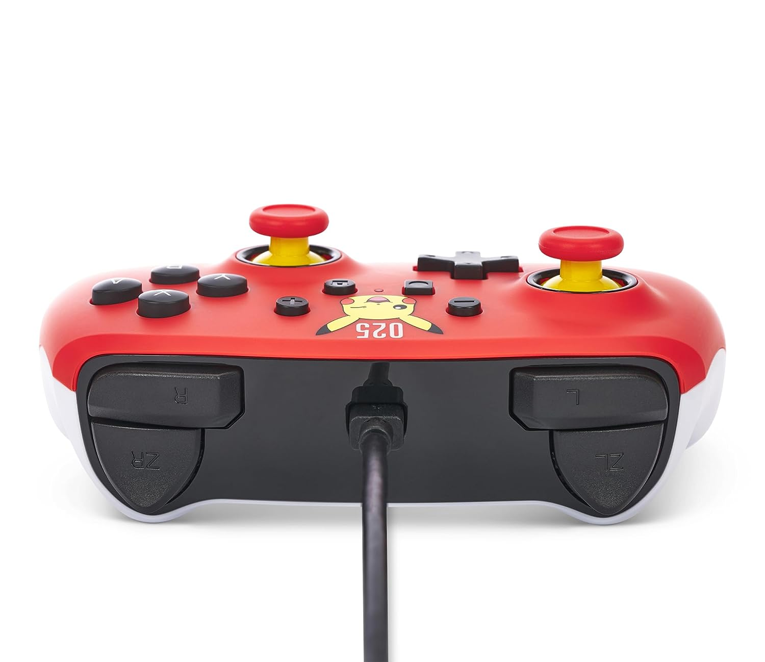 Controlador Nintendo Switch rojo y blanco con diseño Pikachu y cable negro adjunto.