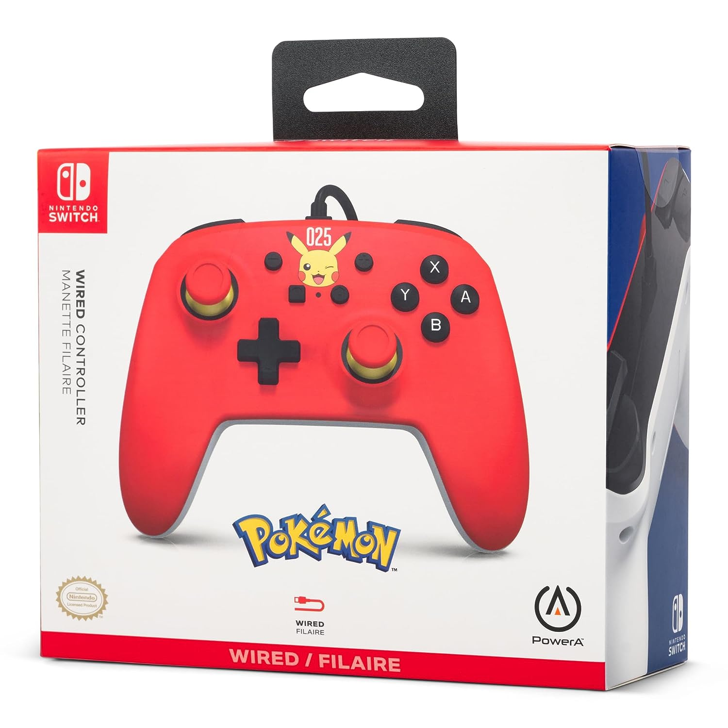 Mando Nintendo Switch rojo con diseño Pikachu. La caja muestra el mando y el logo de Pokemon.