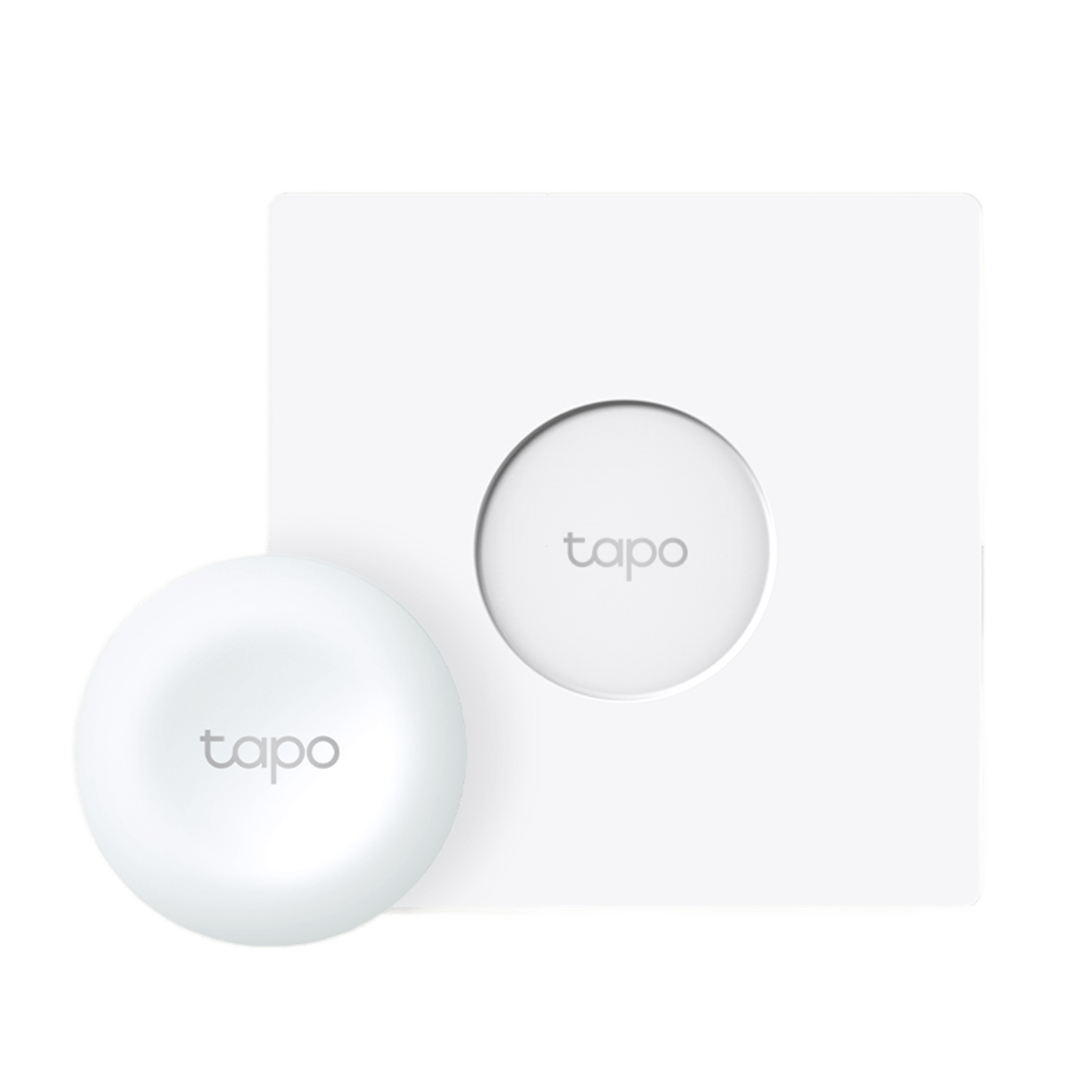 Witte Tapo smart home apparaten: een vierkante hub met een rond apparaat, op zwart.